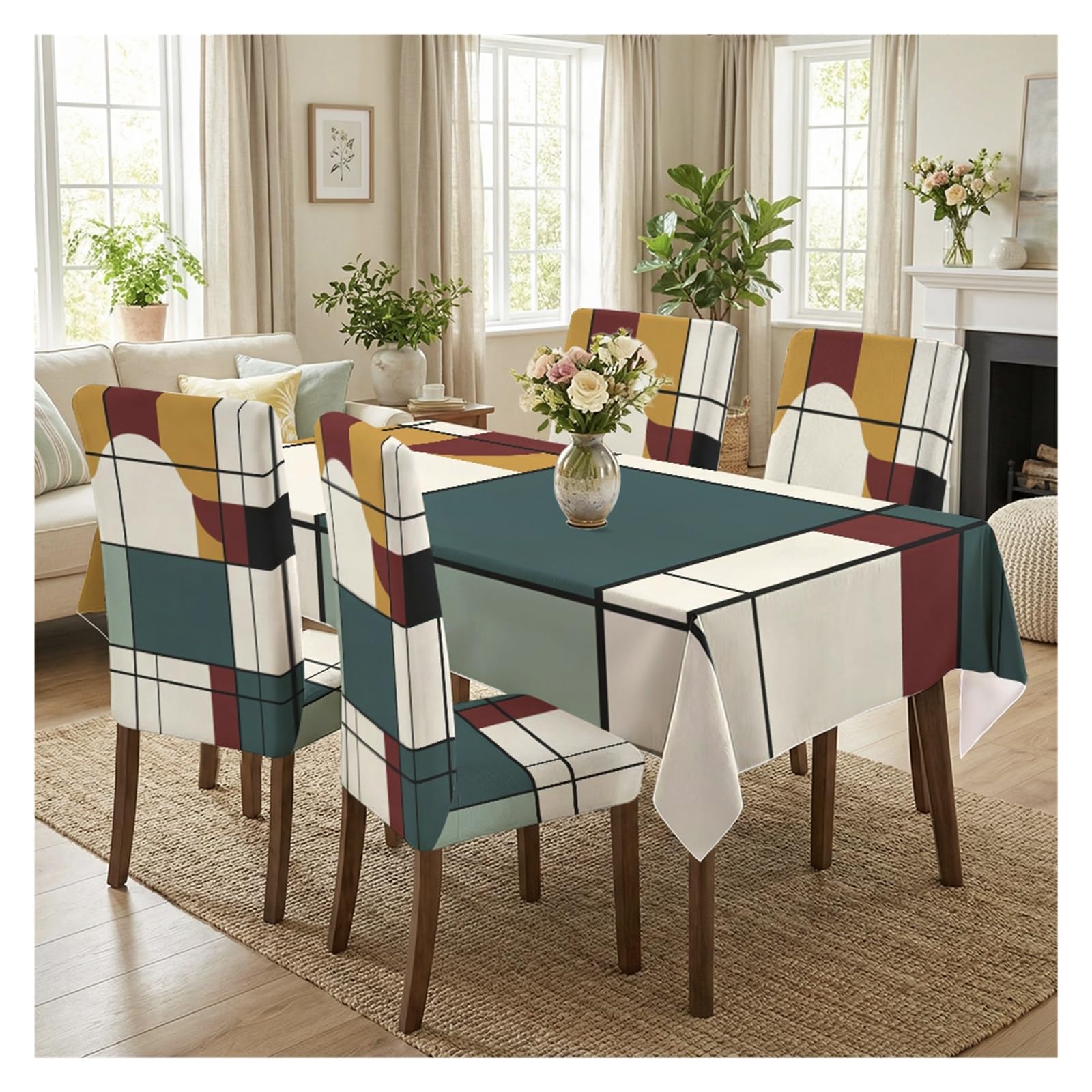 Ensemble nappe et housses de chaise design géométrique aux finitions soignées