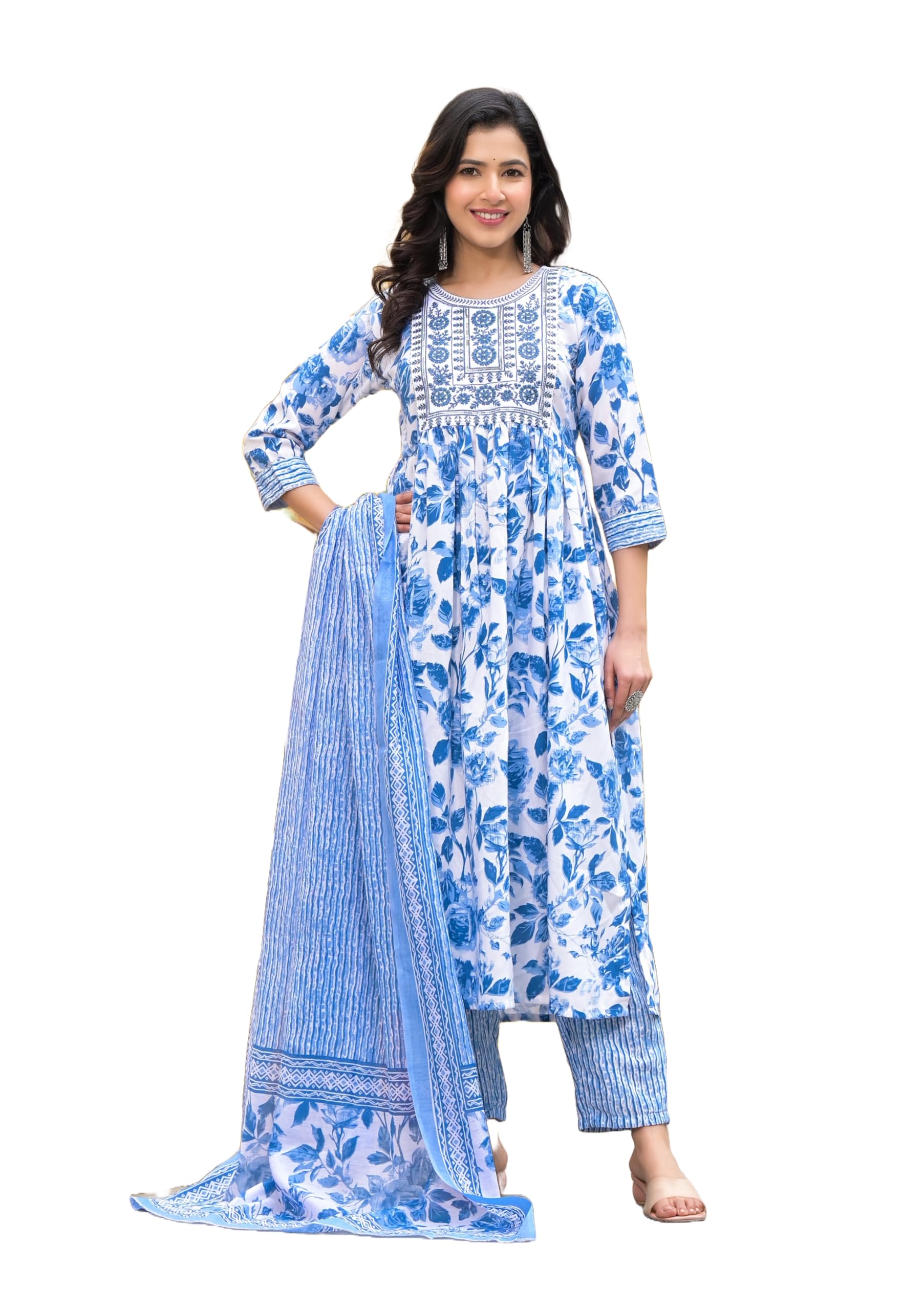 KLOSIAWomen's Viscose Embroidery Floral Printed Anarkali Kurta And Pant Set With Dupatta | Kurta Set | Ethnic Set | Dupatta Set | Wedding Suit | Suit Set |