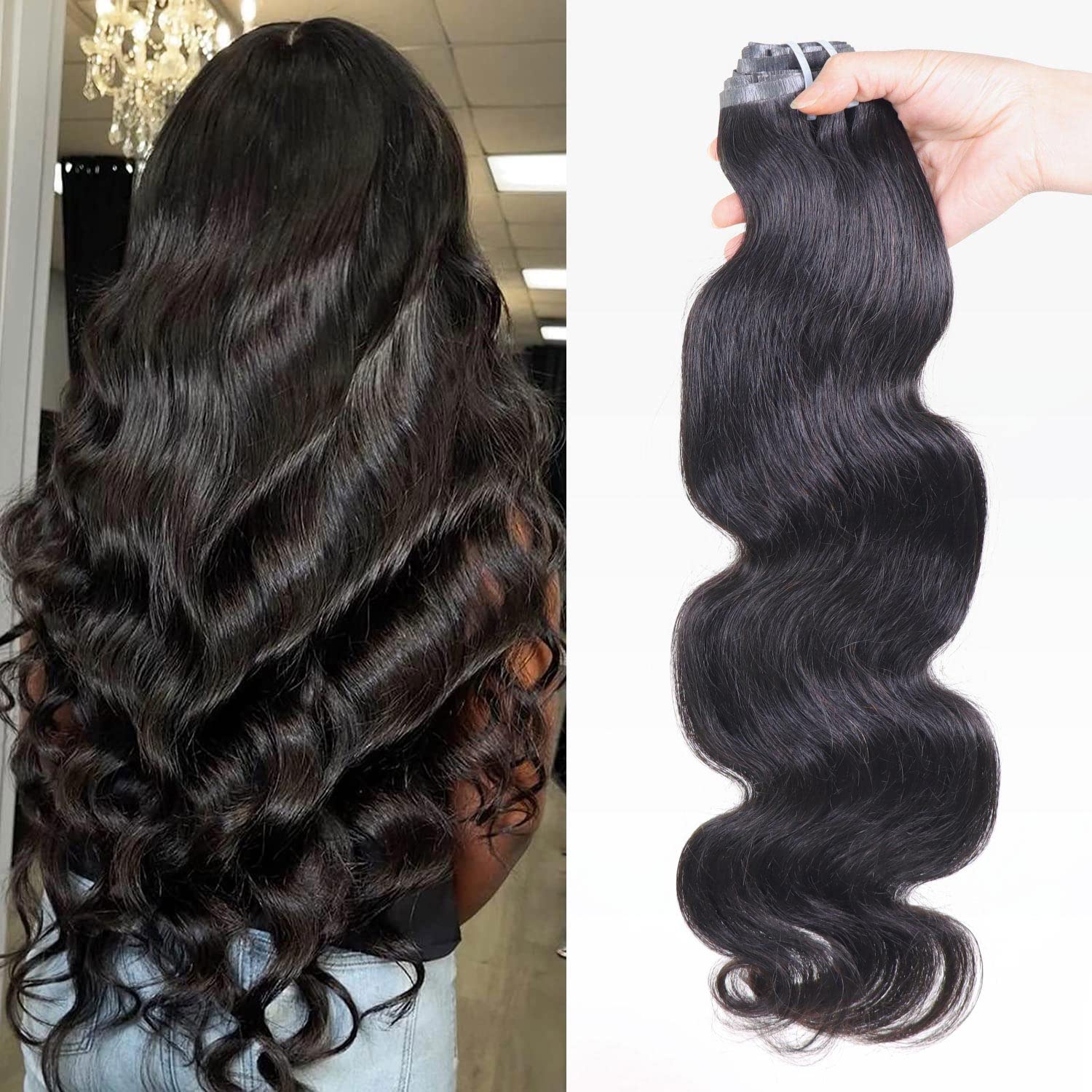 18 Inch Human Hair Clip-In Extensions 7 Piece Set Invisible Weft Amazon.com : WENNALIFE Seamless Clip In Hair Extensions, 18  main image 3