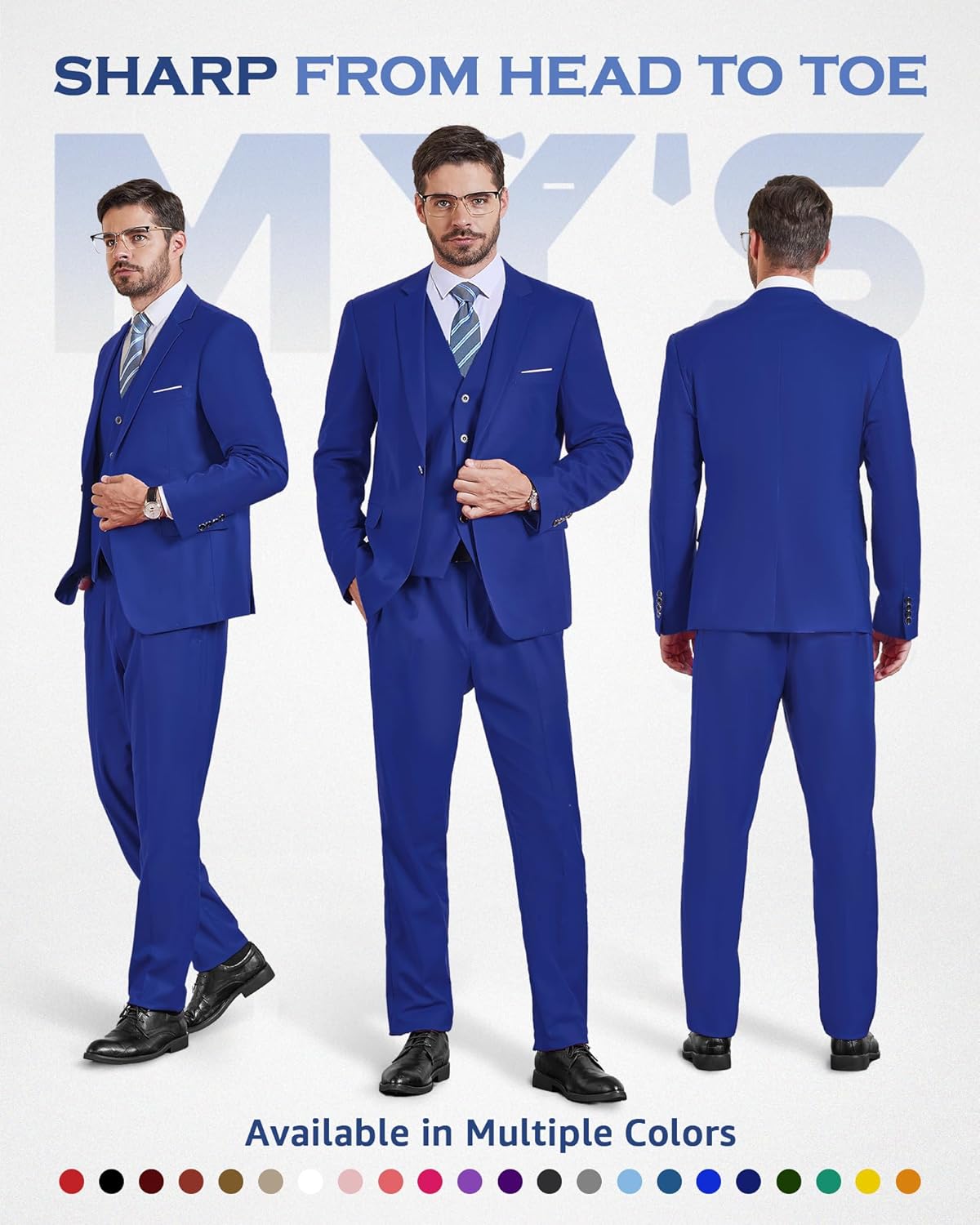 MY'S Men's 3 Piece Slim Fit Suit Set, One Button Solid Jacket Vest Pants... - Picture 50 of 138