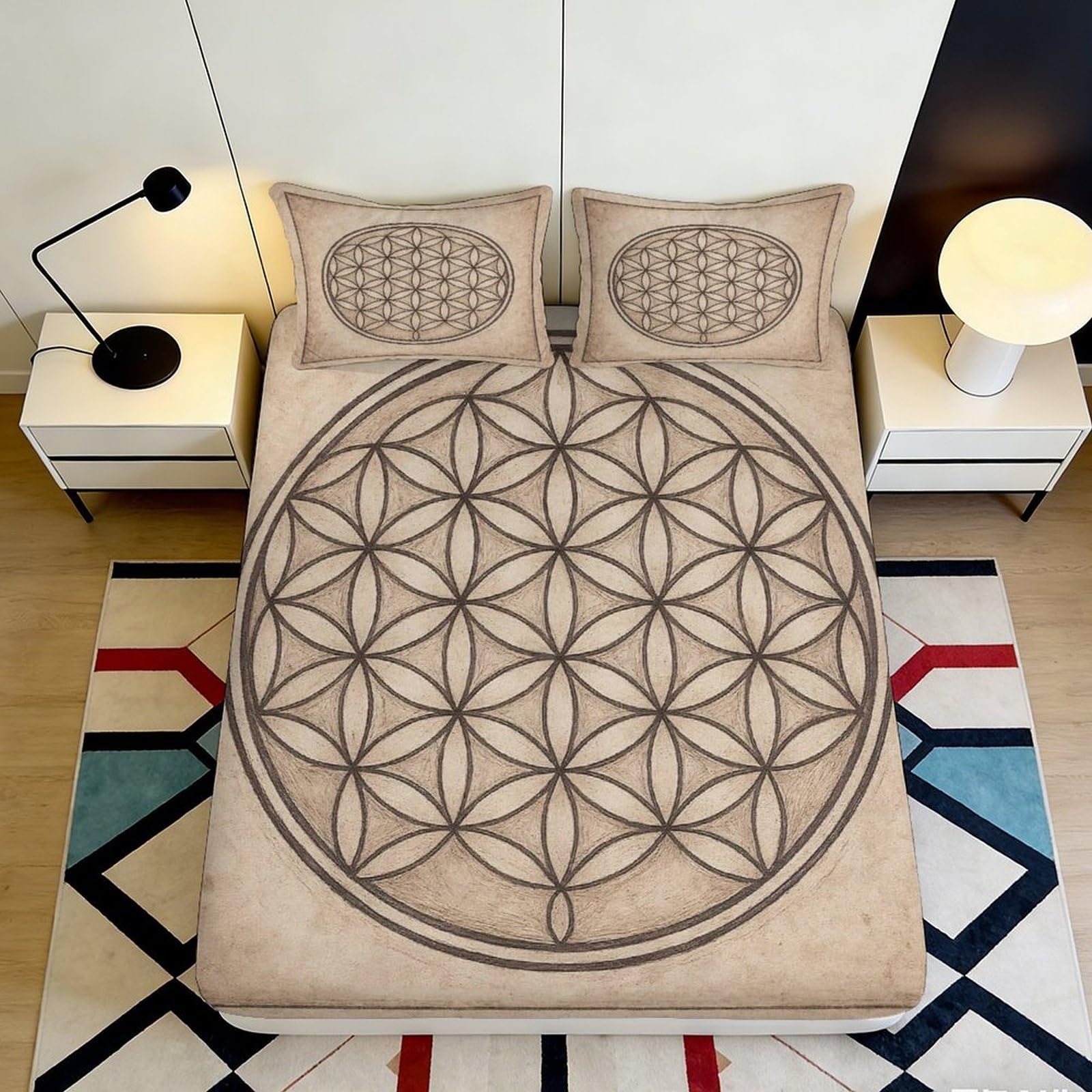Jqzkxnhpbr Style-10 3D Printed Geometric Mandala Fitted Sheet Microfiber Beige Art Flower Of Life Mattress Cover Bedroom Decor 90X200x25cm