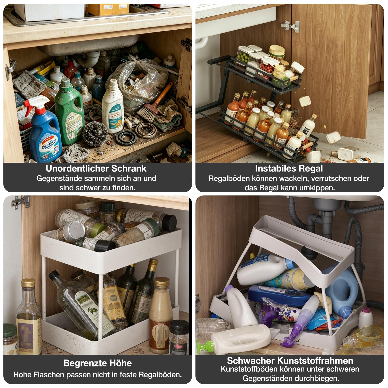 Fantasnight Organiseur de rangement sous évier de cuisine – 1 organiseur en métal pour placard – Tiroirs coulissants à 3 niveaux – Étagère de nettoyage coulissante pour salle de bain