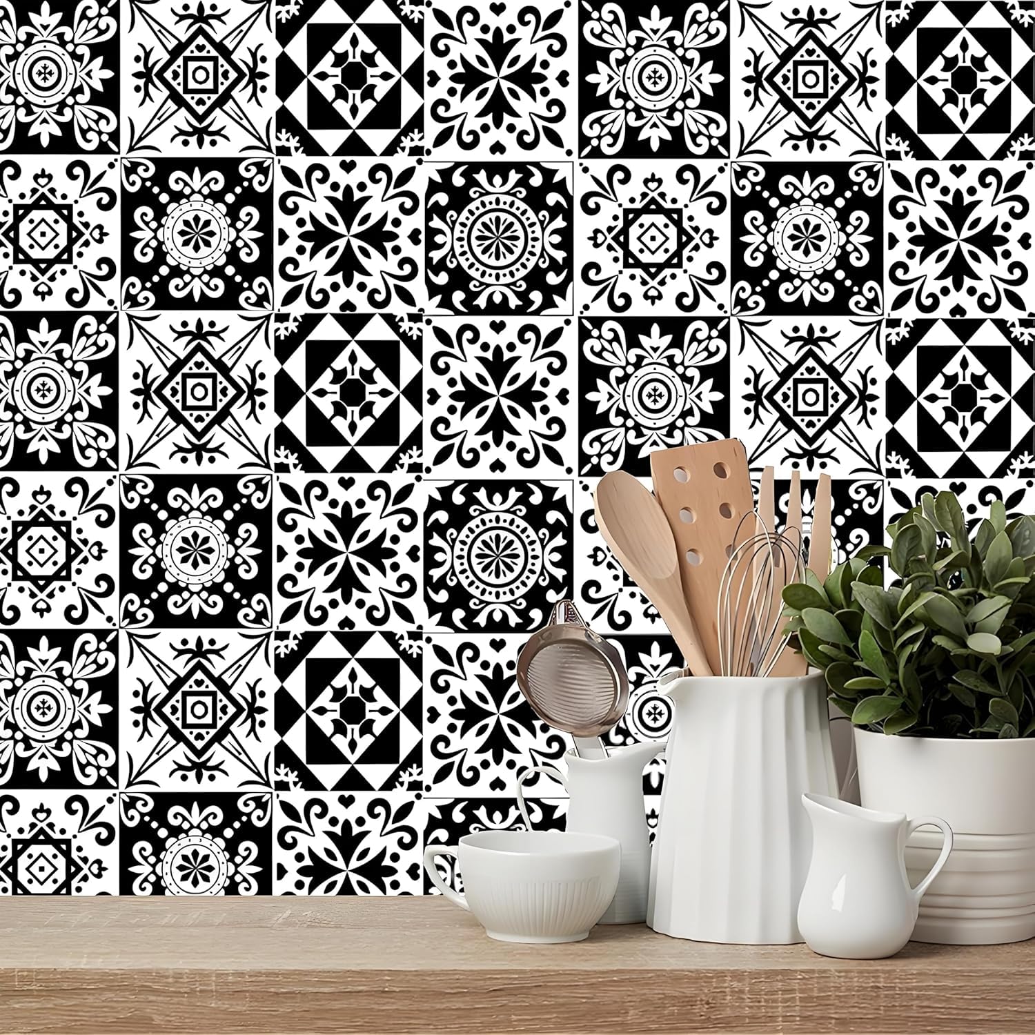 Peel and Stick Wall Tiles, Tile Stickers, Self Adhesive Wall Tiles, Moroccan Style Waterproof Vinyl, 20pcs 10x10cm Black and White