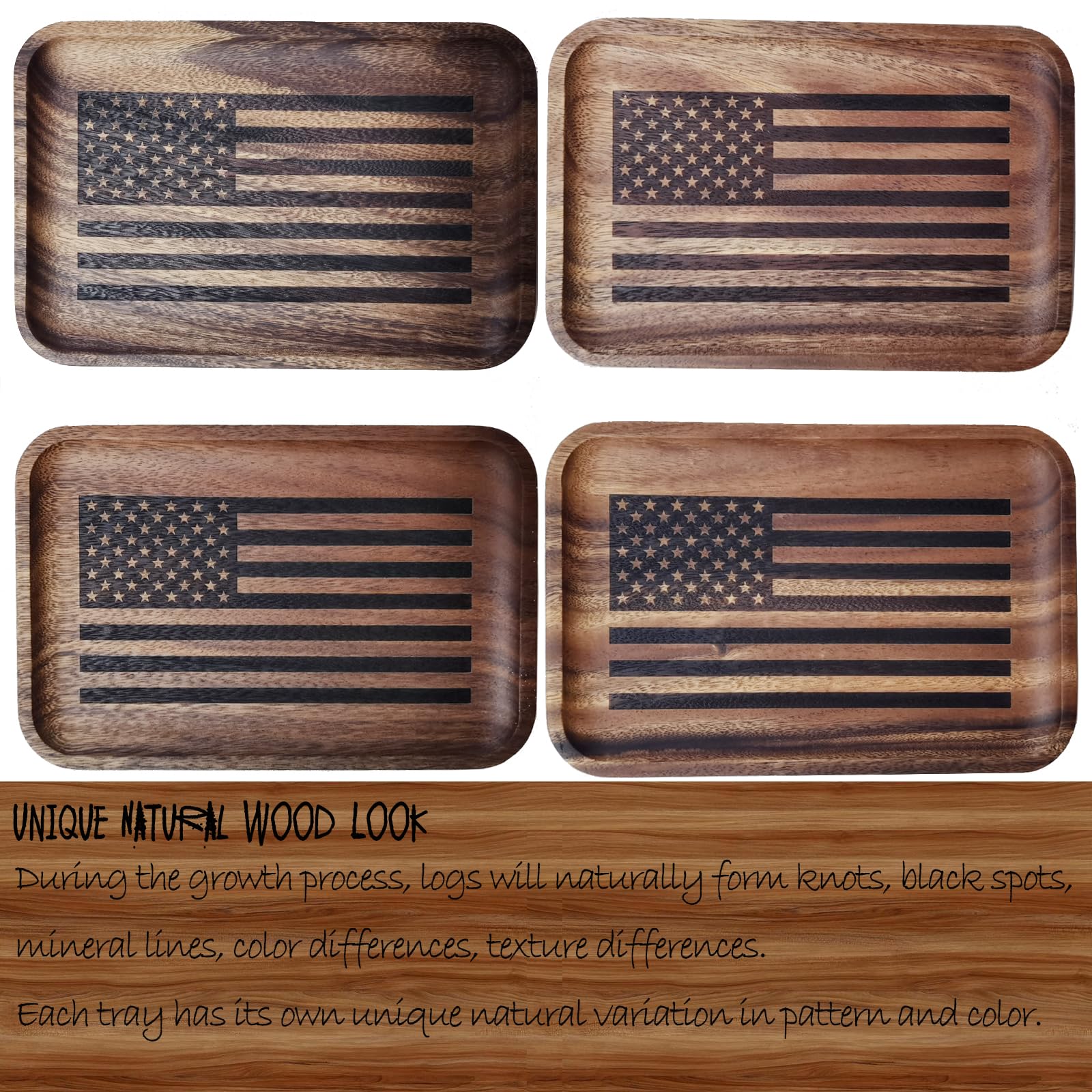 American Flag Valet Tray for Men - Acacia Wood Catch All, Key, Nightstand, Decorative, Dump, EDC Tray