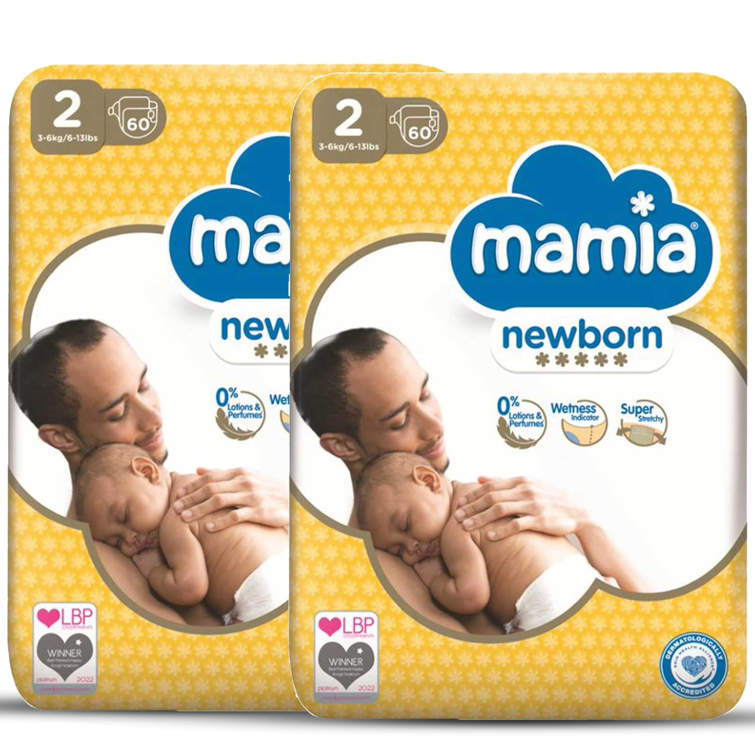 Mamia Premium Quality Baby Nappies - Soft, Absorbent & Comfortable (Size 2(2 Packs of 60 Nappies))