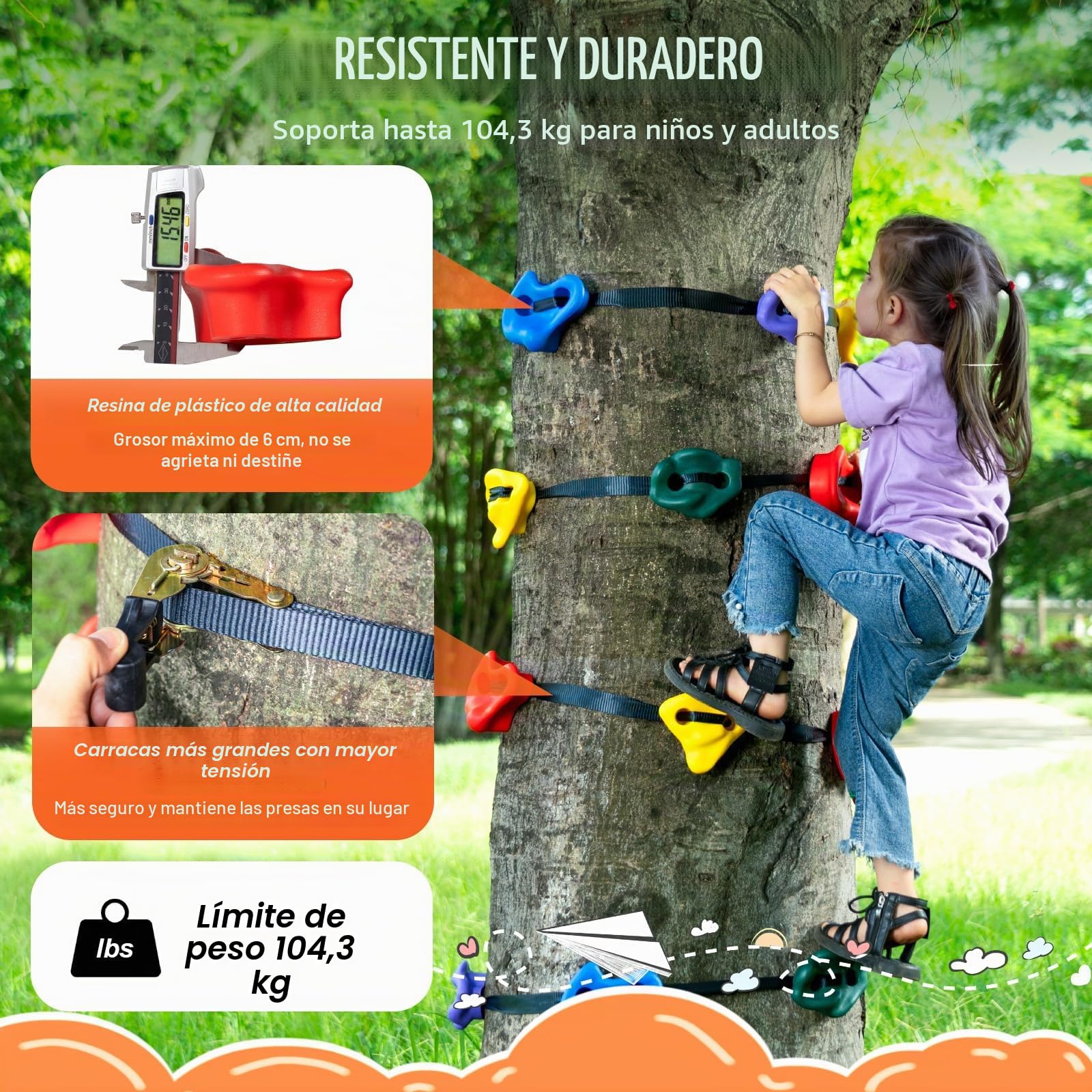 VEVOR Kit de Escalada de árboles Ninja, 12 presas para trepar árboles y 6 Correas de trinquete, Rocas de Escalada Grandes para niños y Adultos, Formas