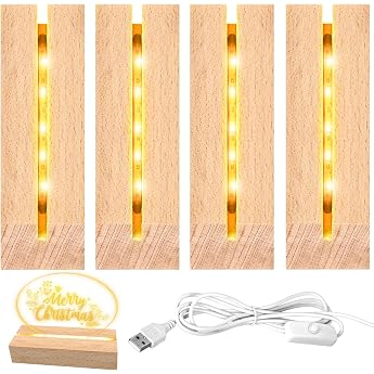 Set of 4 LED Lights Display Base Wooden Base with USB Cable Rectangular Lighting Stand for 3 mm Thick DIY Acrylic Plate Glass Plate Resin Art