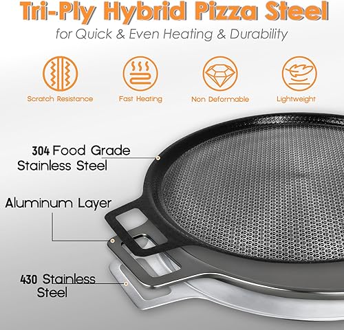 Miniatura 2 de Acero híbrido antiadherente para pizza de 3 capas, acero para hornear grabado con láser para pizzas y panes planos de hasta 14 pulgadas, bandeja
