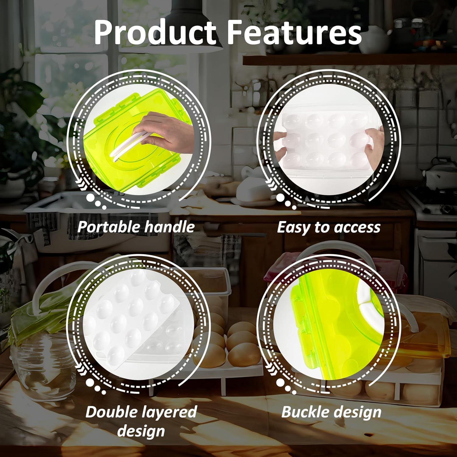Ortable Large Capacity Double-layers Egg Storage Container Holds 24 Eggs Shatter-proof Non-slip Eggs Holder with Handle (Green)