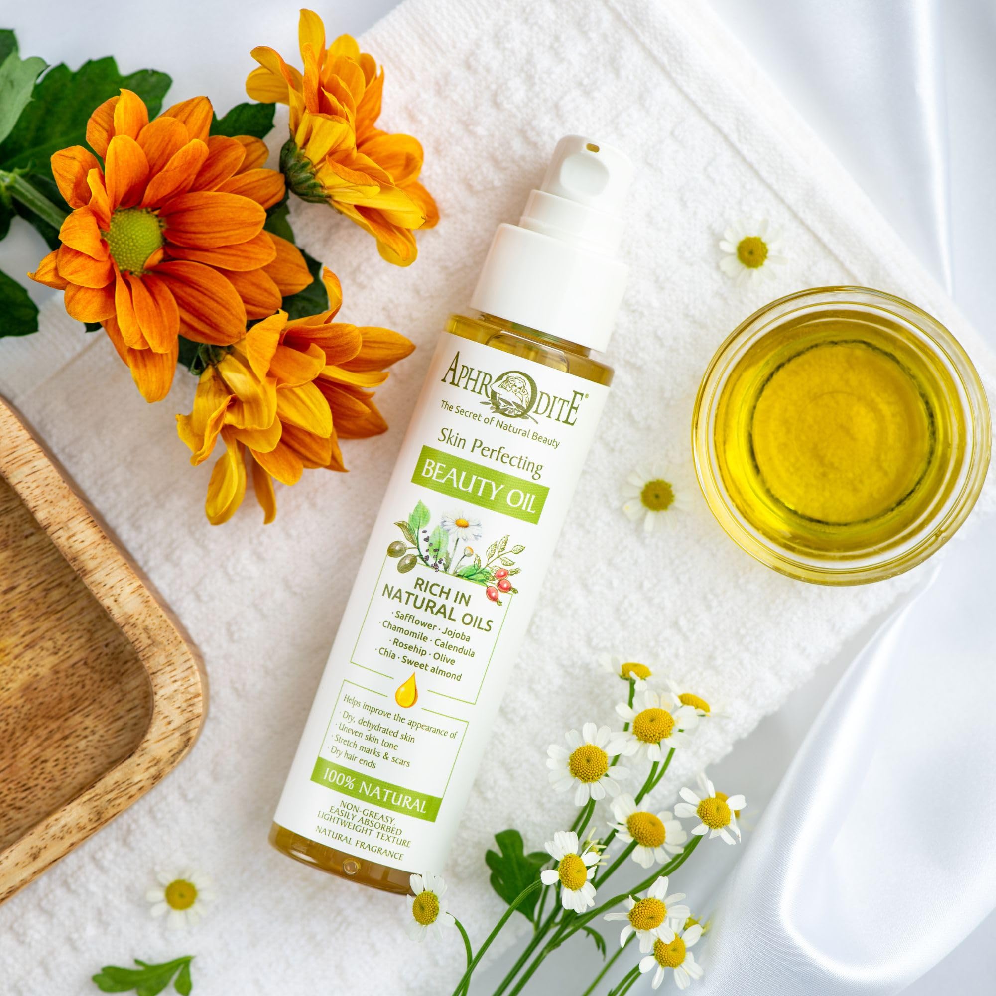 Aphrodite – 100% naturalny olejek do pielęgnacji skóry – wegańska formuła do skóry i włosów – wspomaga blizny i rozstępy – trwała i szybko wchłaniająca się formuła – Perfecting Beauty Oil