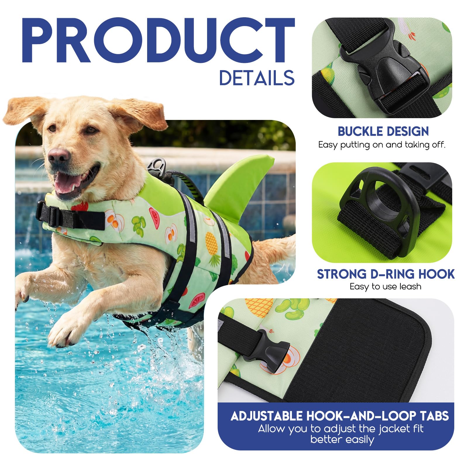 ASENKU Kamizelka ratunkowa dla psa, rekin kamizelka ratunkowa dla psów do pływania i sportów wodnych, z górnym uchwytem i regulowanym pasem bezpieczeństwa, dla małych, średnich dużych psów, M