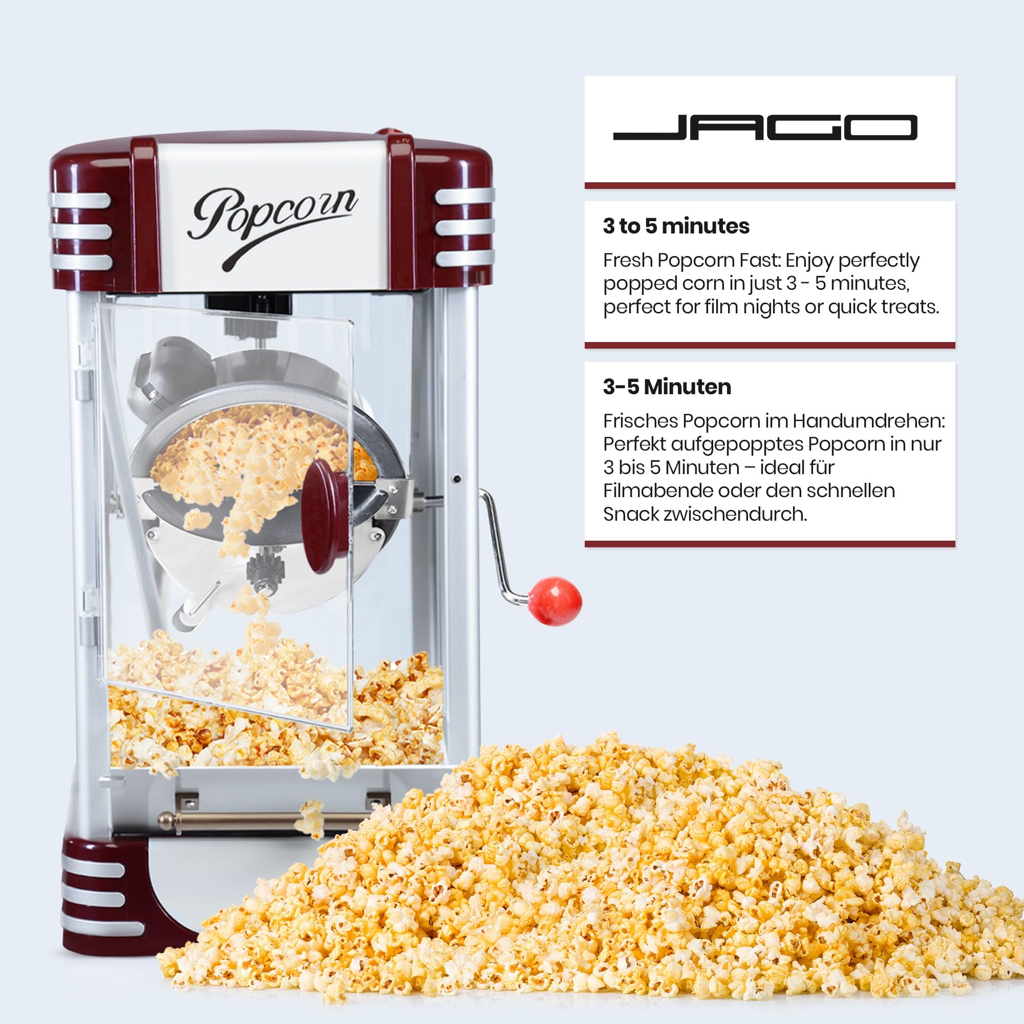 Petite machine à popcorn - Puissance 1 500 W, acier inoxydable, verre trempé et revêtement antiadhésif