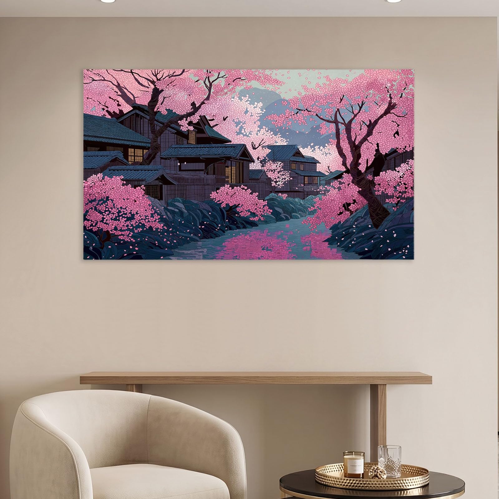 Cuadro de pared de flores de paisaje de dibujos animados con marco, 100 x 70 cm, lienzo blanco, decoración de pared, impresión de alta definición, marco de madera maciza, fácil montaje, versátil