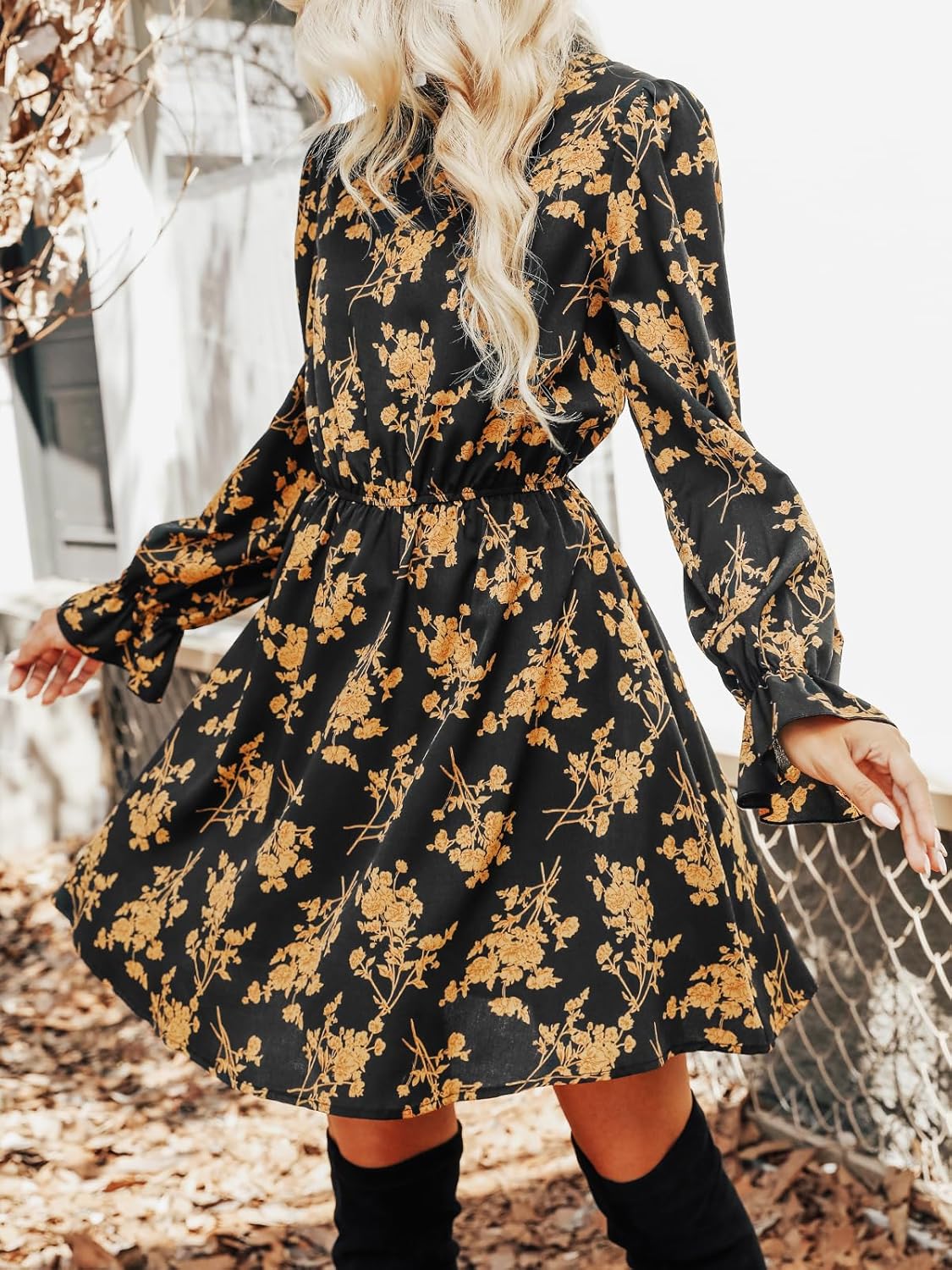 CUPSHE Women's Mock Neck Floral Mini Fall Dress Long Ruffle Sleeve Elastic Waist Smocked Casual Flowying Mini Dresses - Image 3