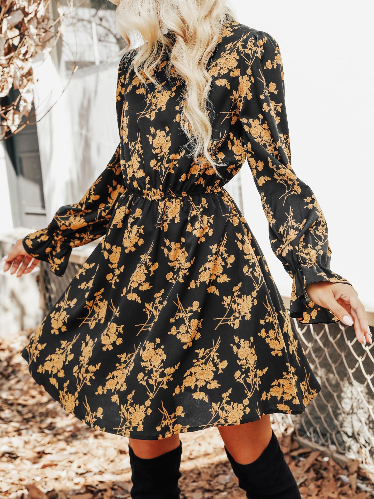 CUPSHE Robe pour femme à col haut à manches longues Motif floral, jaune