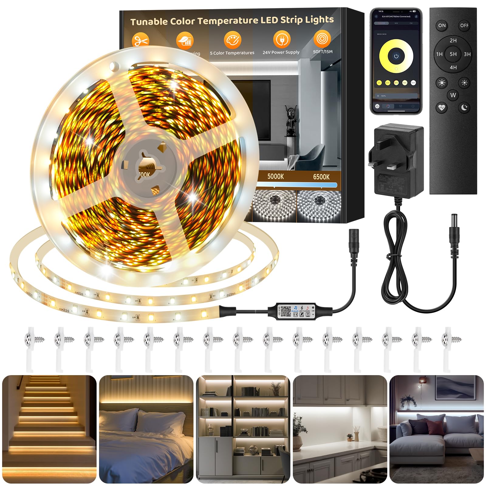15M LED Strip Lights,2700K-6500K LED Tape Lights with RF Remote & APP