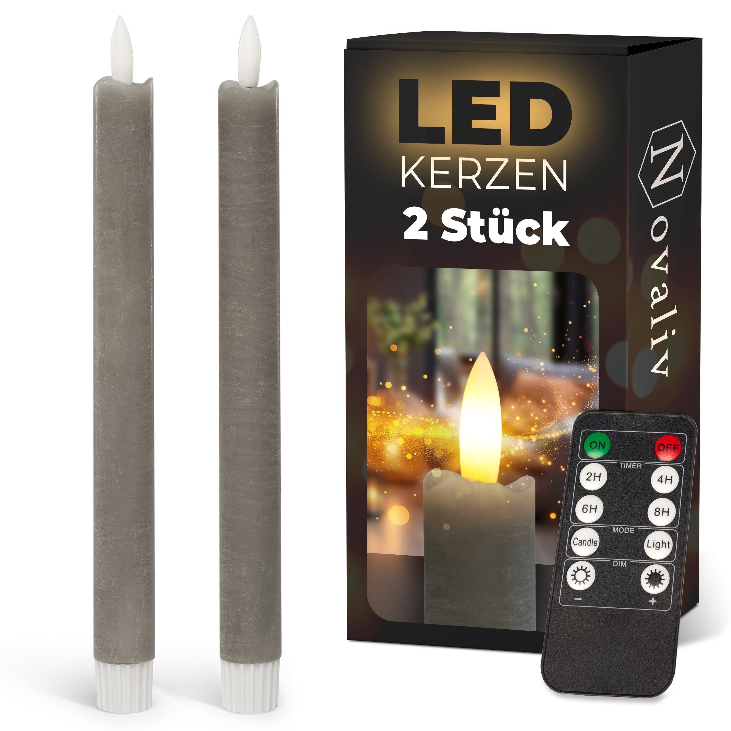 Novaliv Stabkerzen LED mit Timer Taupe GRAU 2er Indoor mit Timer Funktion 6 Stunden ECHTWACHS 23cm Höhe für Kerzen 2,2cm Durchmesser 2 AAA Batterien LED Stabkerzen flackernde Flamme bewegliche Flamme