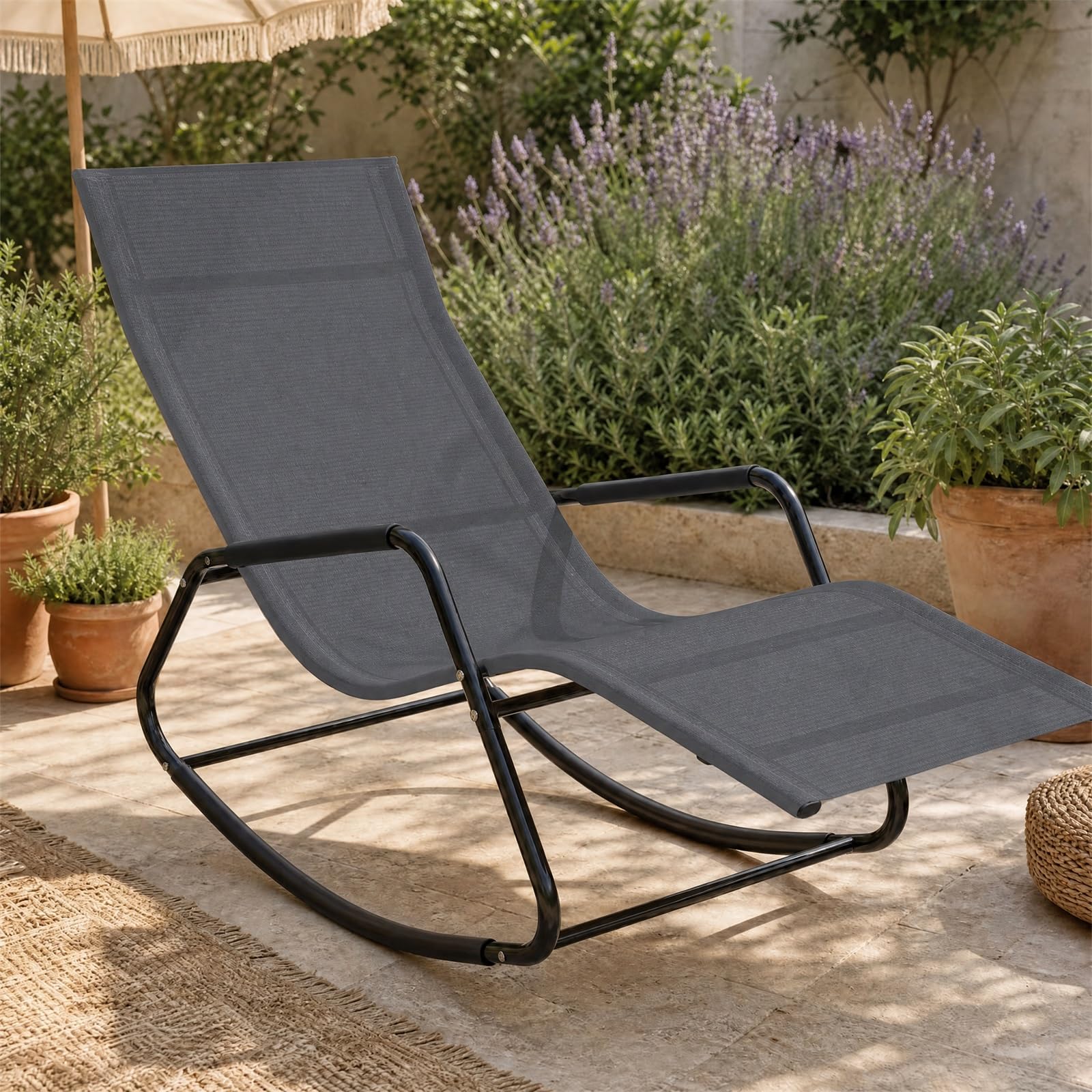 GOPLUS Chaise Longue à Bascule Métallique avec Tissu Respirant (Gris)