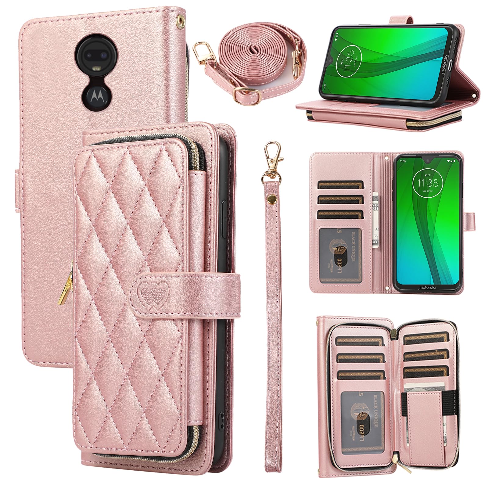 ELISORLI Wallet Case for Moto G7/G7+/Revvlry Plus with Detachable Wrist Strap Crossbody Shoulder Strap 9 Card Slots Phone Cover for Motorola G7Plus Moto7 XT1962-1 G 7 7G Tmobile Revvlry+ Girls Pink
