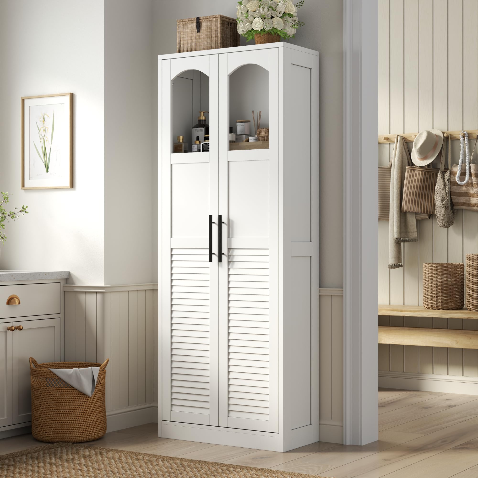 Besenschrank 60 cm breit, Putzschrank mit Lamellentüren, 4 Haken & Stange