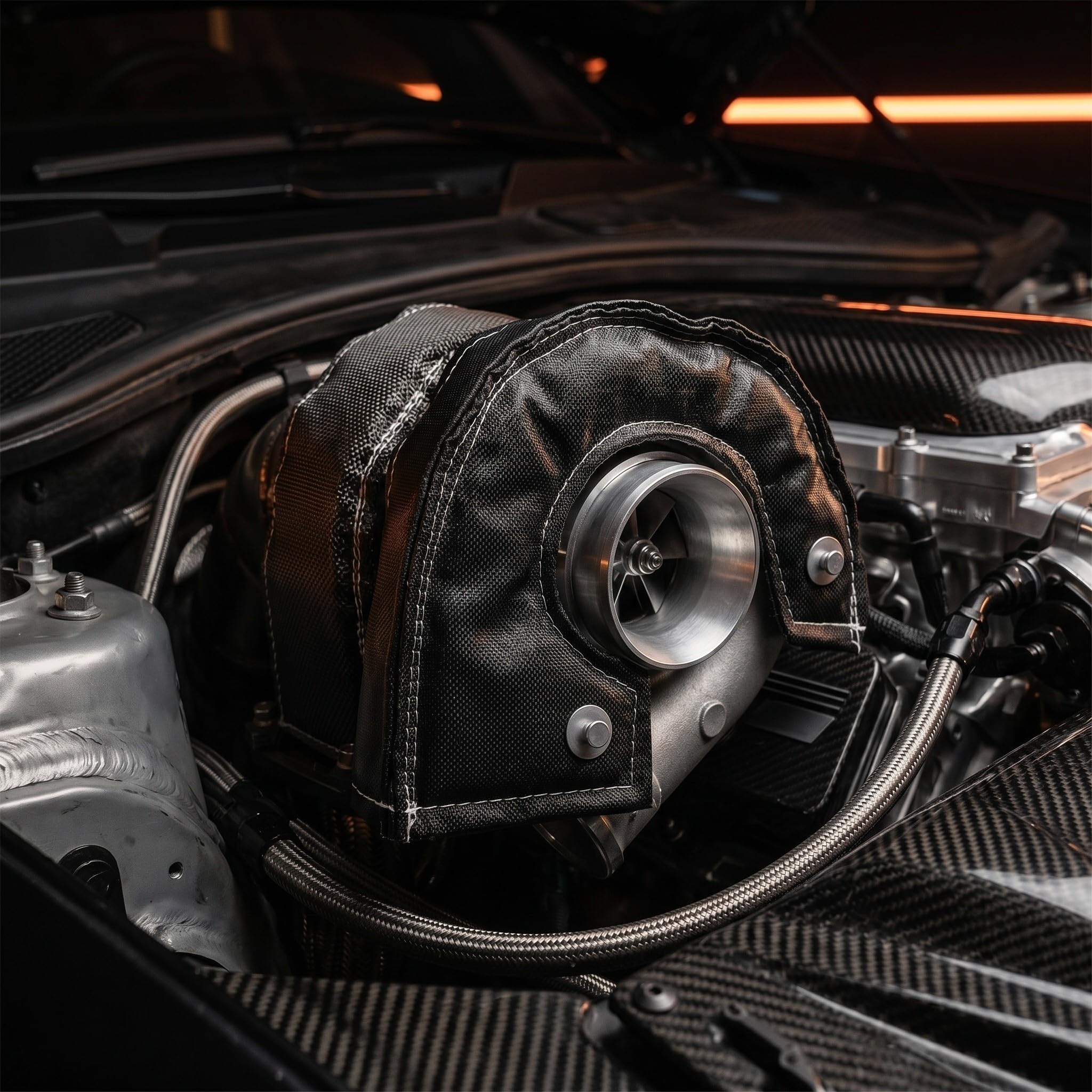 Copertura Termica per Migliorare le Prestazioni del Motore 2 Pezzi per Turbocompressore in Fibra di Vetro e Silicone, Design Protettivo Adatta per Auto e Appassionati Automotive