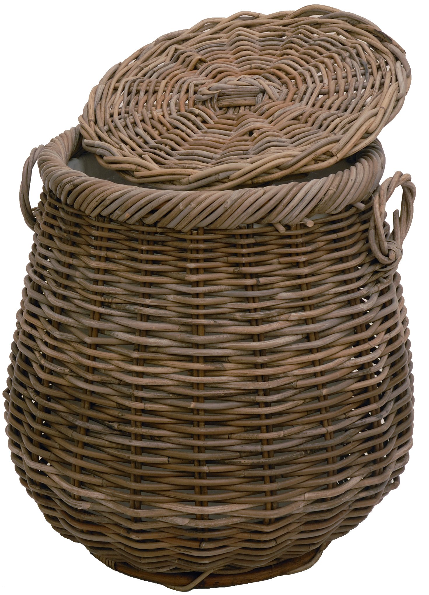 Geräumiger Wäschekorb im Landhaus Stil, große Wäschetonne bauchig aus echtem Rattan Ø 50cm (Grau Naturrohr)
