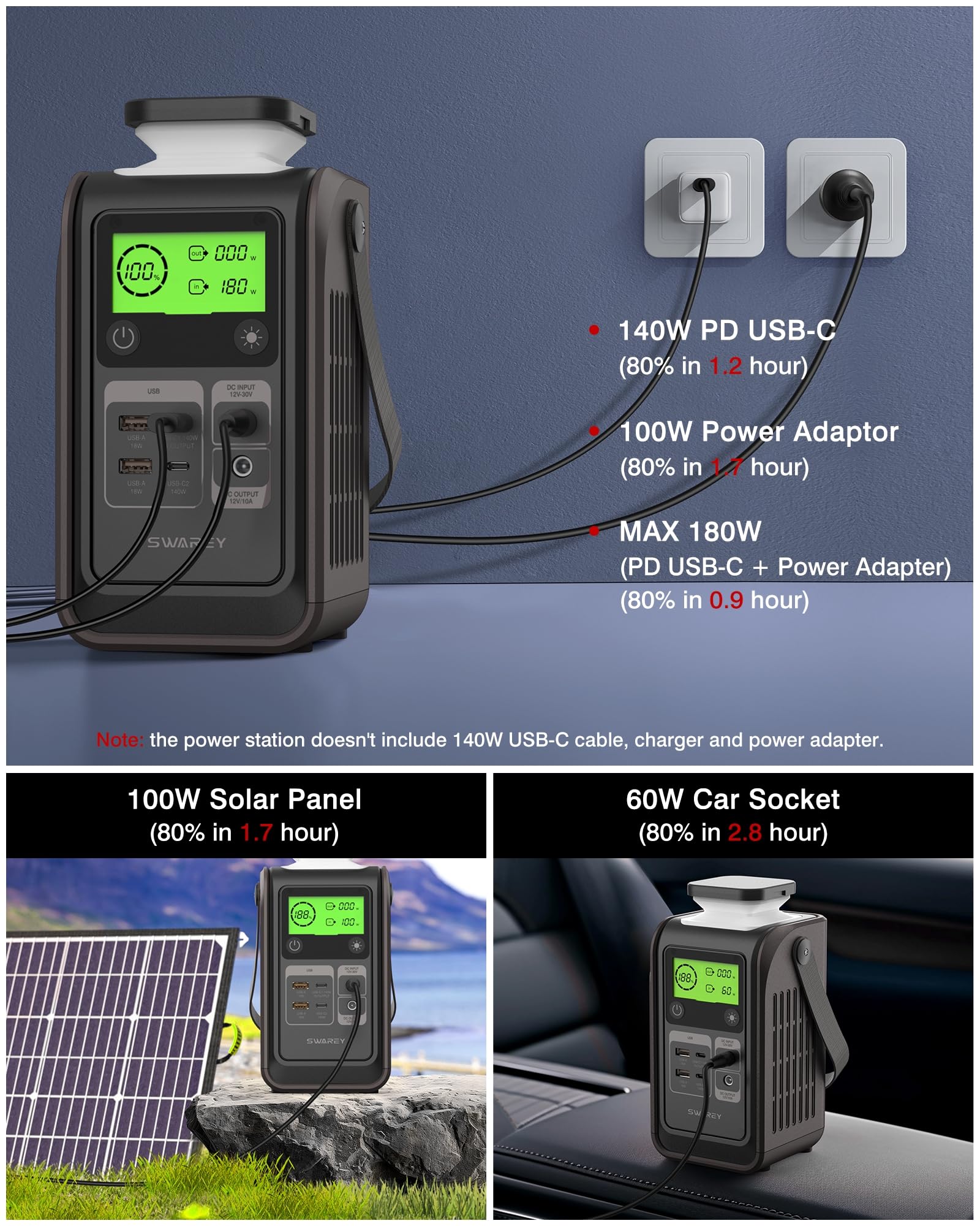 Tragbare Powerstation S200 mit 100W Solarpanel, 192Wh LiFePO4 Akku Powerbank, 140W Beiseitige Schnellladung USB-C, 180W Solargenerator für Camping Reisen Notfälle