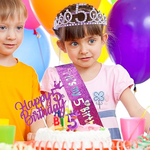 Miniatura 8 de Decoraciones de 7 cumpleaños para niña, incluyendo coronatiara, banda, adornos para pastel de cumpleaños y velas del número 7, suministros de fiesta