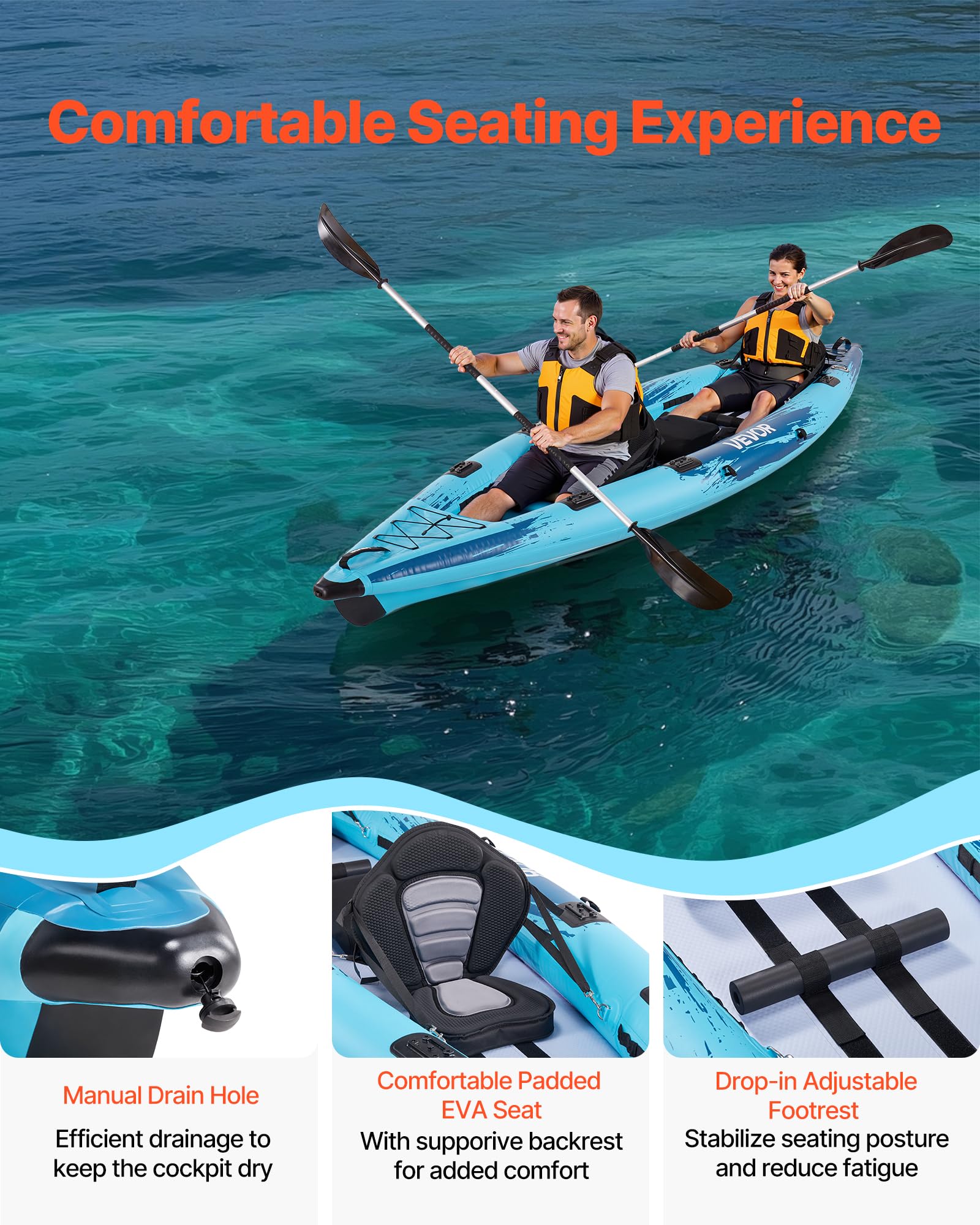 VEVOR Kayak Gonfiabile per 2 Persone, Capacità 317,5 kg, Resistente a Perdite e Forature, con Seduta Imbottita, Pavimento in PVC, 2 Pagaie, Pompa a Mano, Borsa Trasporto, per Pesca e Campeggio