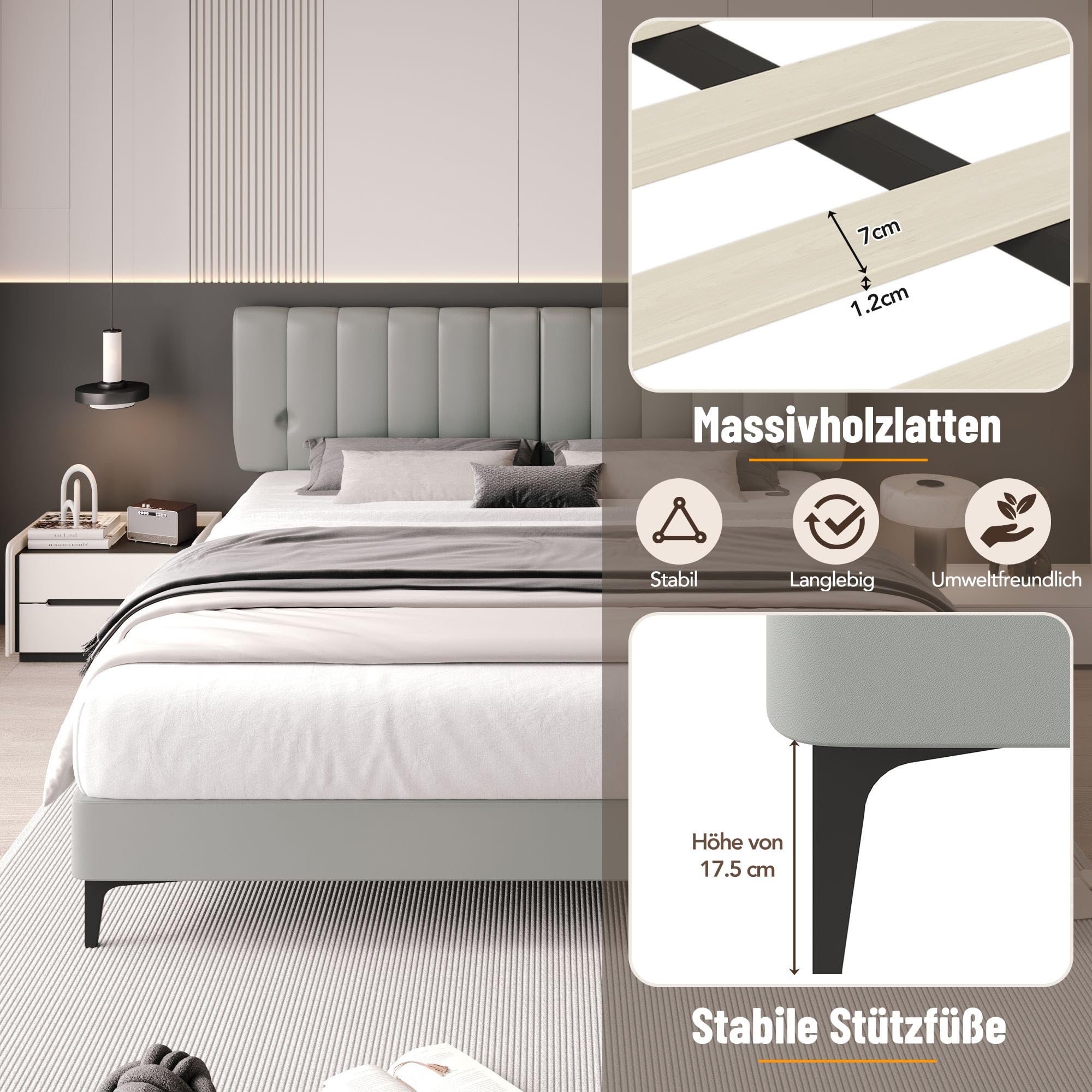 Lit Double Capitonné 160x200 Cm - Cadre Plateforme Avec Rangement, Hauteur 37 Cm, Sommier Métal, Gris