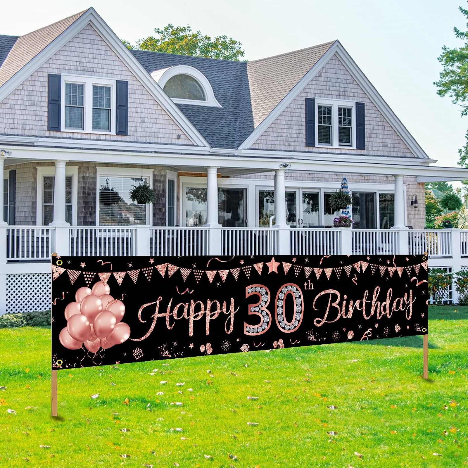 Happy 30th Birthday Banner Decorations for Women, Rose Gold Thirty Birthday Sign Party Supplies for Her, Funny 30 Birthday Decor for Outdoor Indoor