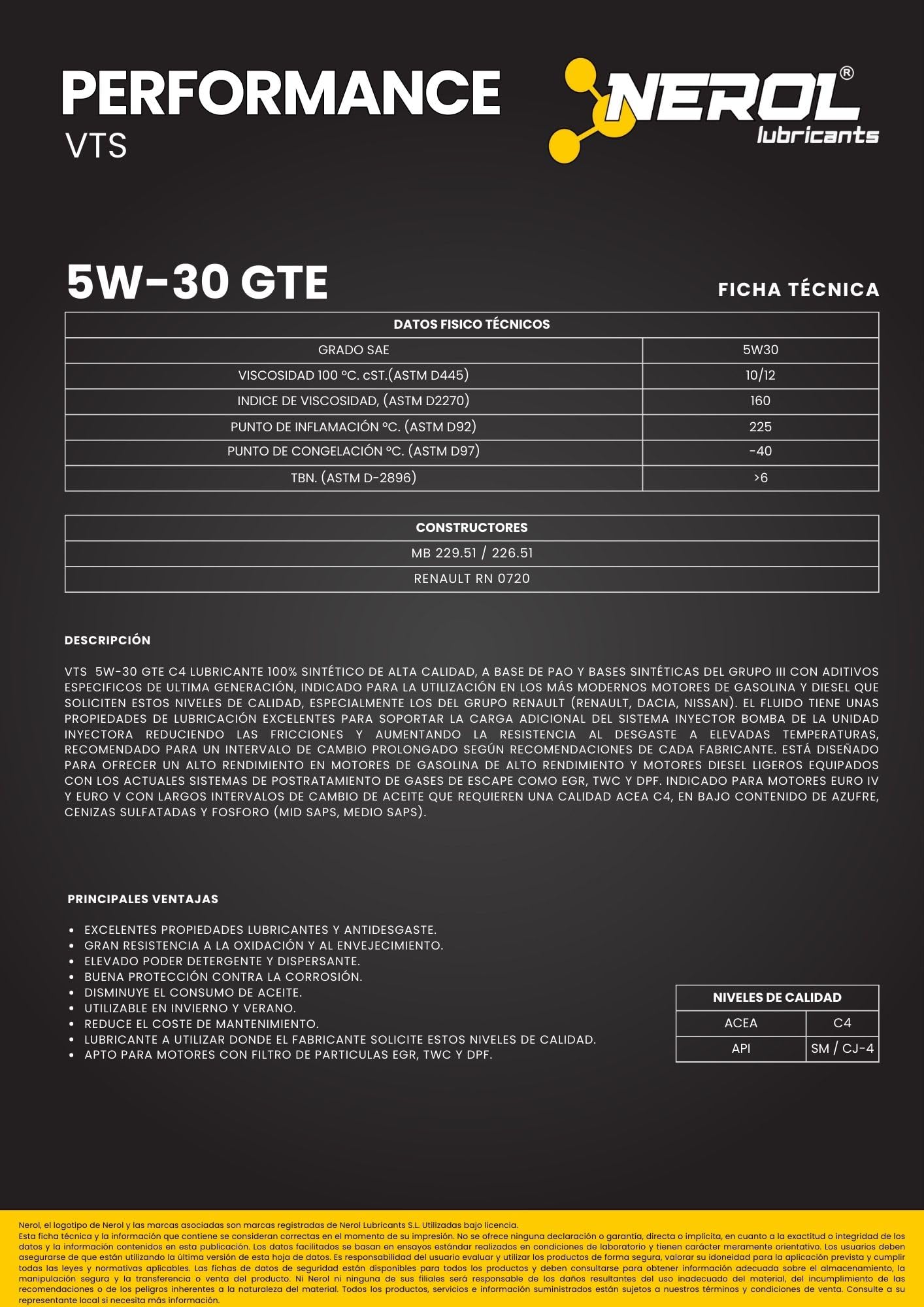 NEROL Aceite de Motor 100% Sintético Para Coche 4T Performance VTS - GTE 5W-30 API SM/CJ-4 ACEA C4 RN 0720, 5 Litros Lubricante Vehículos, Pao, Aditivos Última Generación (5 LITROS)