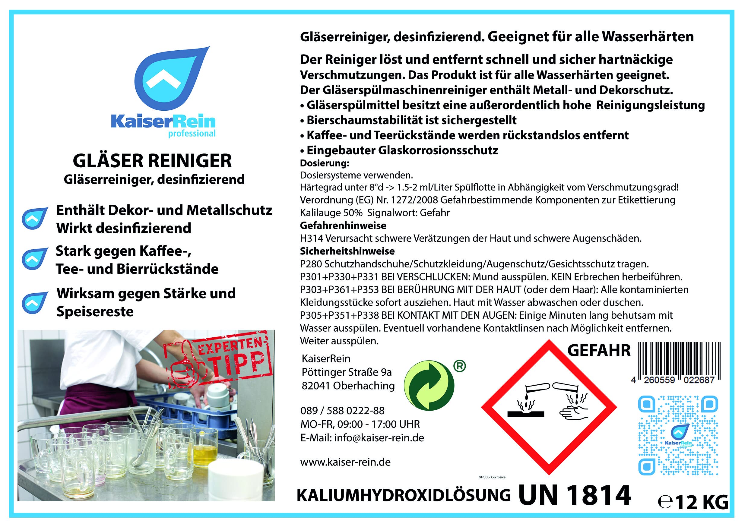 KaiserRein Klarspüler Geschirrspüler Gläserreiniger Gläserspülmittel Klarspüler für gewerbliche Spülmaschinen desinfizierend 12 kg Kanister Chlorfrei