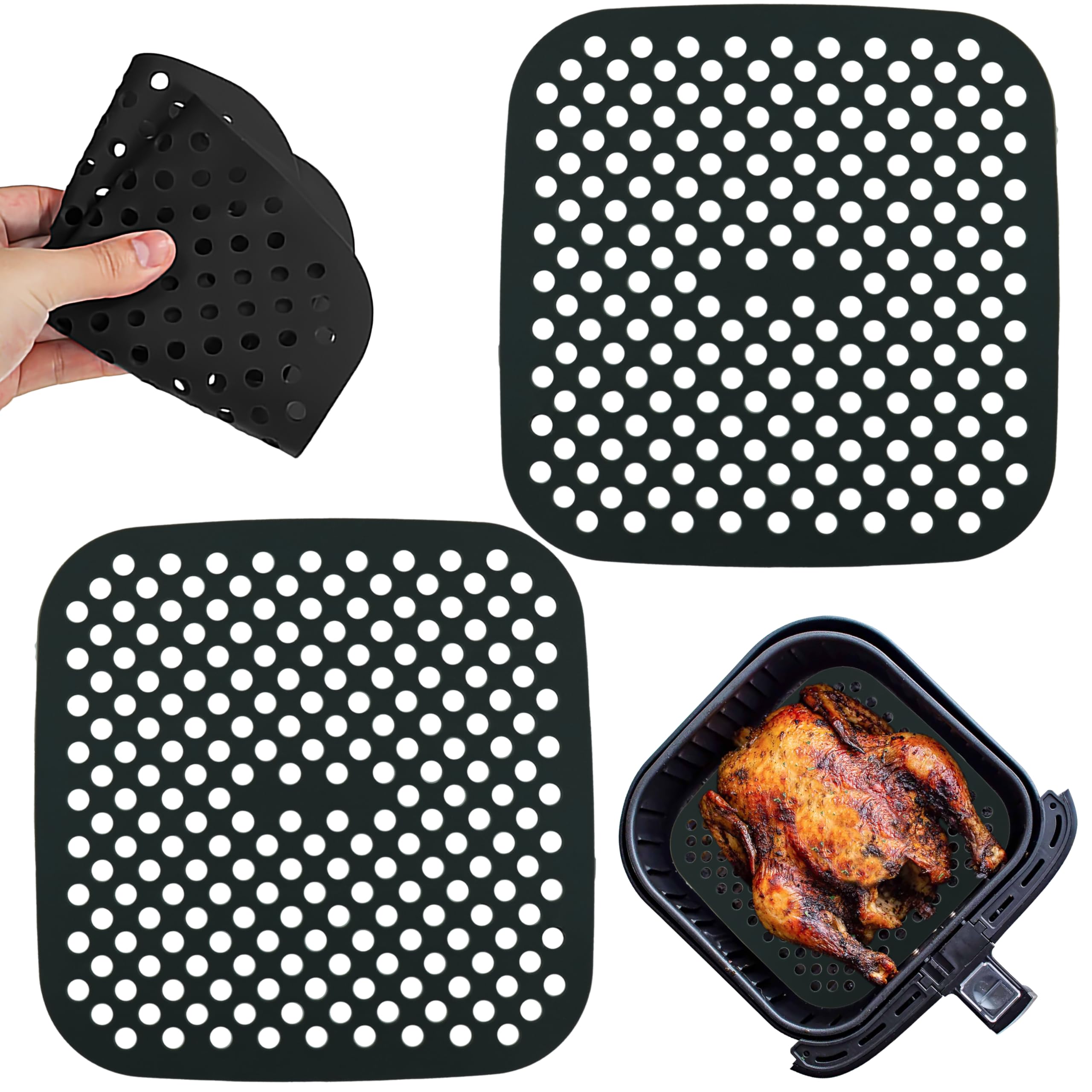 21cm Square Silicone Air Fryer Mats, 2 Pack Non-Stick Perforated Reusable Liners, Eco-Friendly & Heat-Resistant, Easy Clean Cooking Accessories for Air Fryer Basket — image 1