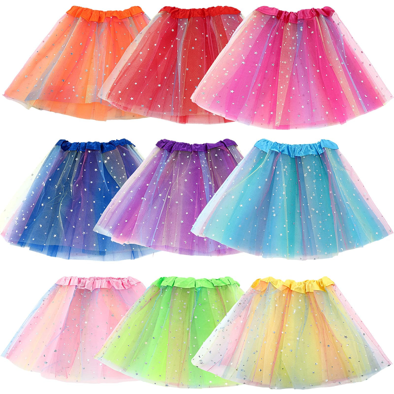 JaGely 9 Pcs Ballet Tutu for Girls Rainbow 3 Layers Fluffy Multicolor Princess Tutu Skirt for Toddler Birthday Party Dresses (Bright Style)
