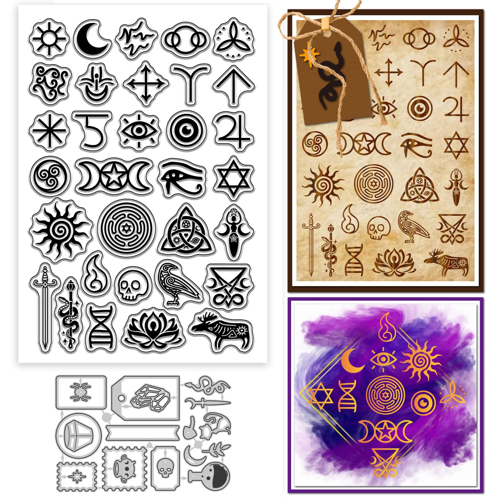 GLOBLELAND Witchcraft Symbol Clear Stamp and Cutting Dies Set for Card Making Magic Potion Silicone Transparent Stamps Label Frames Metal Die Cuts for Halloween DIY Scrapbooking Photo Album