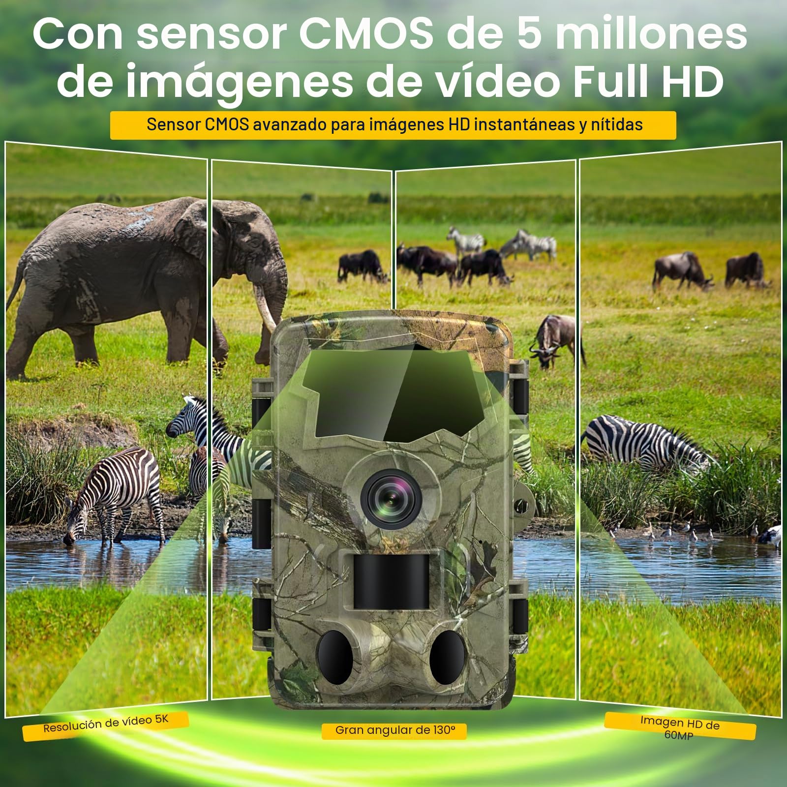 Lutranstra Cámara de Caza 5K WiFi, cámara de Vida Silvestre Full HD de 64MP con aplicación de transmisión a móvil, cámara de Infrarrojos para Animales Salvajes con Tarjeta SD de 32G y baterías 8*AA