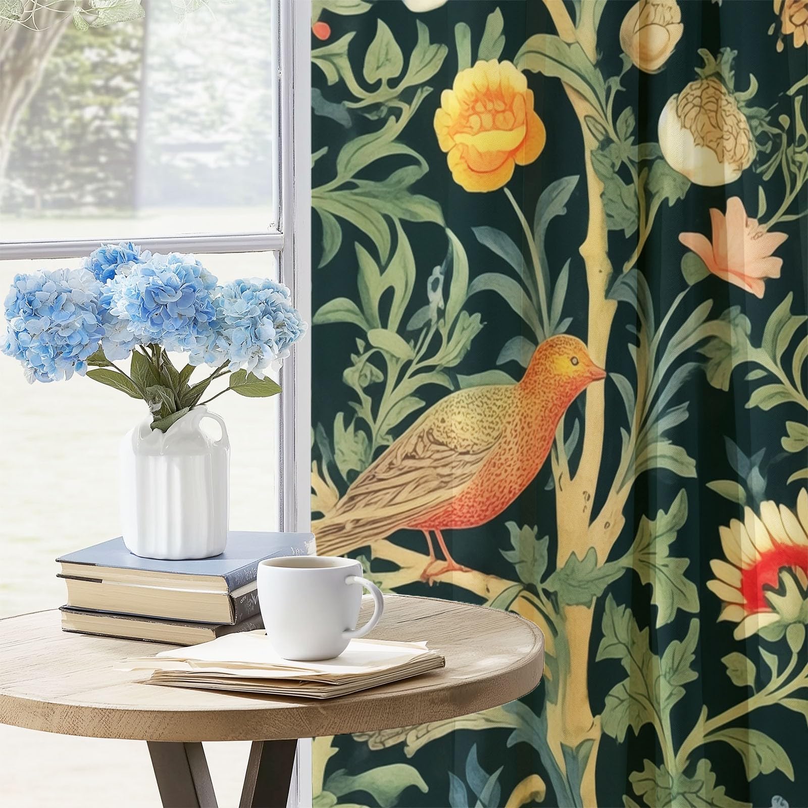 William Morris Fleurs Oiseaux Rideaux à Oeillets 70x240 cm 2 Panneaux Isolant Opaque Vert Foncé Porte-Fenêtre