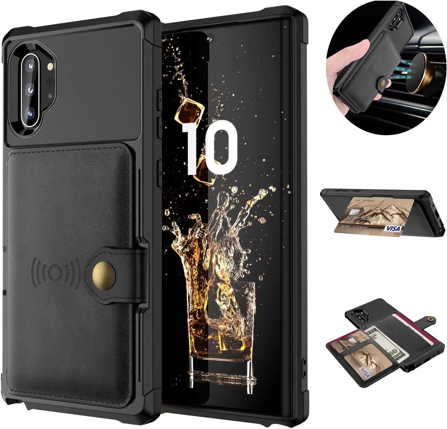 Tznzxm Galaxy Note 10 Plus Wireless Charging Case Credit Card Kickstand Rubber Buttons [Work with Magnetic Car Mount] Durable Flip Shockproof Protective Cover for Samsung Galaxy Note 10 Plus Black