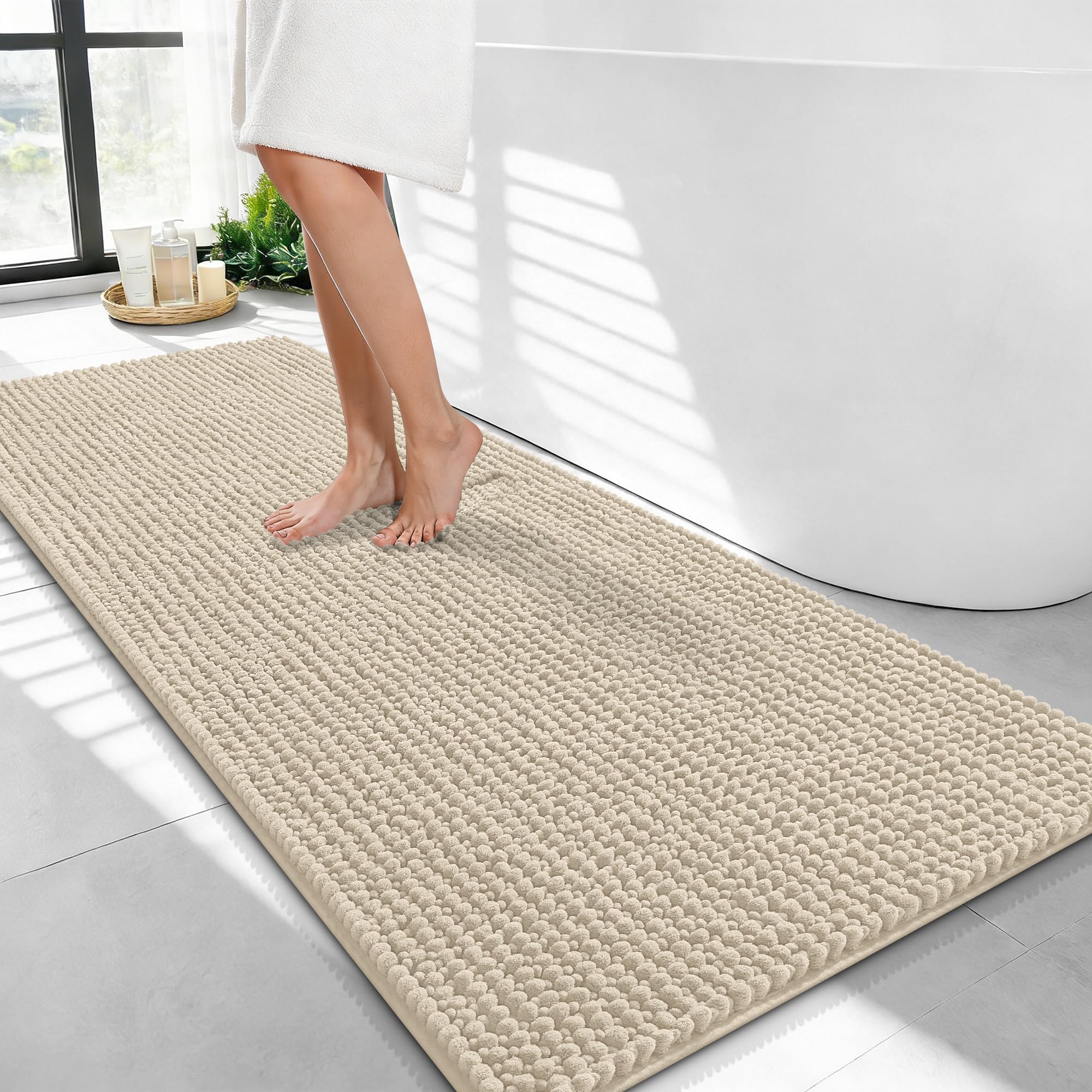 OLANLY Thick Chenille Bathroom Runner Rugs 44x24, Absorbent Bath Mat, Sand