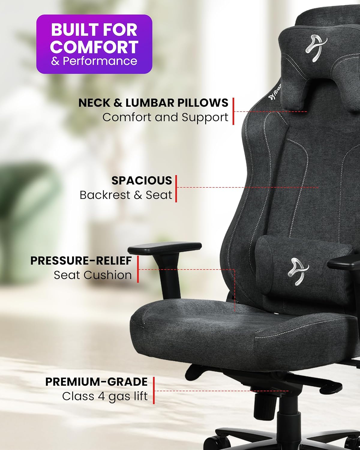 Arozzi Vernazza Gaming Chair XL - Soft Fabric Gaming Chairs for Adults Adjustable Height, Large Spacious Seat & Backrest with Support Pillows - Swedish Design Home Office Computer Chairs, Dark Grey