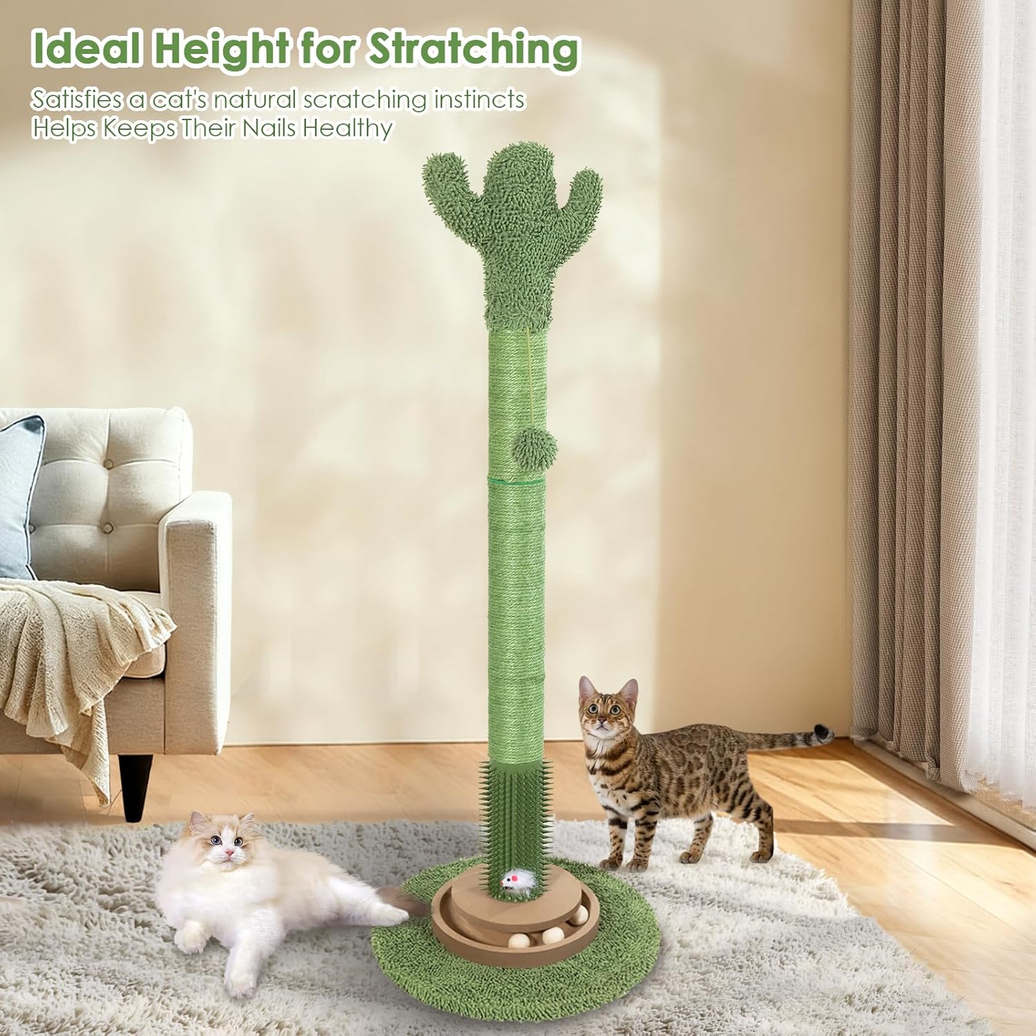 Heavy Duty Cactus Cat Scratching Post 41.5 Inch Tall for Indoor Cats, Natural Sisal Scratcher with Interactive Ball Toy & Cat Grooming Brush, Protector for Kittens & Large Cats