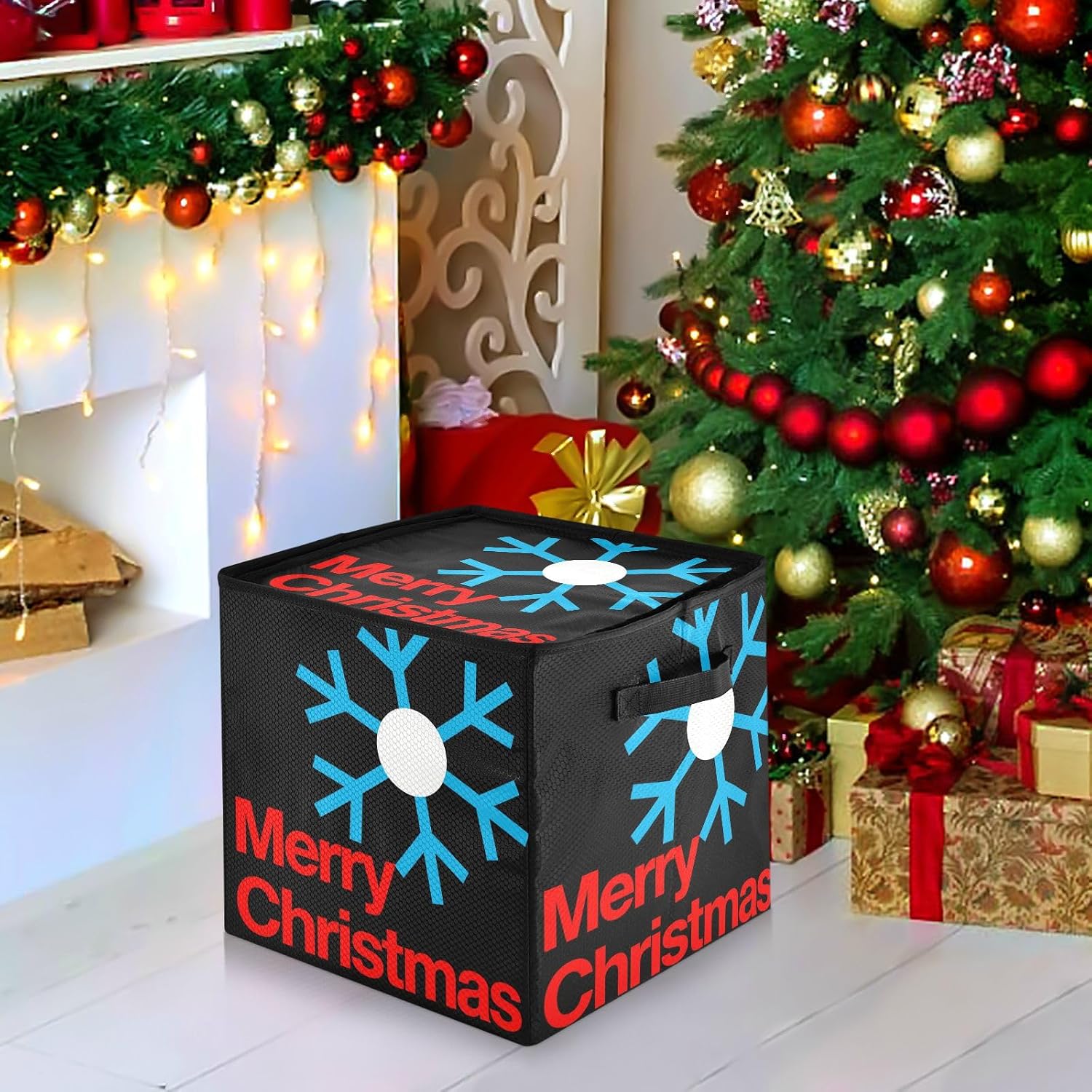 High Capacity Christmas ornament storage Holds Up to 64, Adjustable Dividers, Zippered Top, Two Handles Holiday Storage Case with Lid,Merry Christmas Snowflake Black