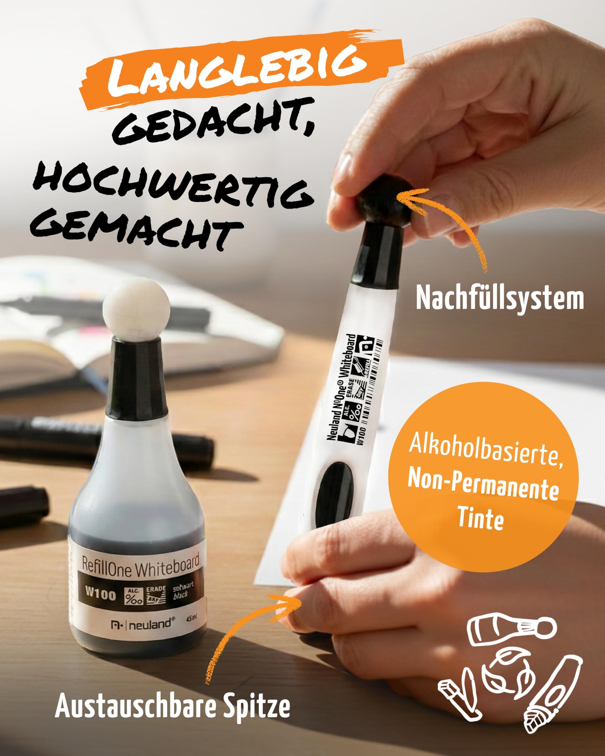 Neuland No.One® R Whiteboard 10er-Set Basic Tones 9W I Marker mit Rundspitze 2-4 mm I Farbset mit 4x Schwarz 2x Rot 2x Blau 2x Grün I Wiederbefüllbare Boardmarker für Whiteboards I trocken abwischbar