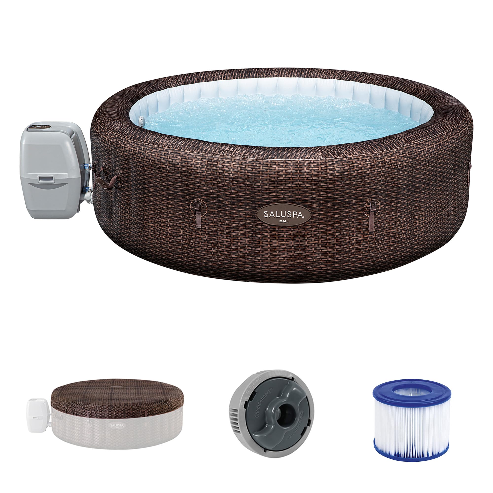 Bestway SaluSpa Bali inflatable hot tub set up on a wooden deck with people relaxing inside.