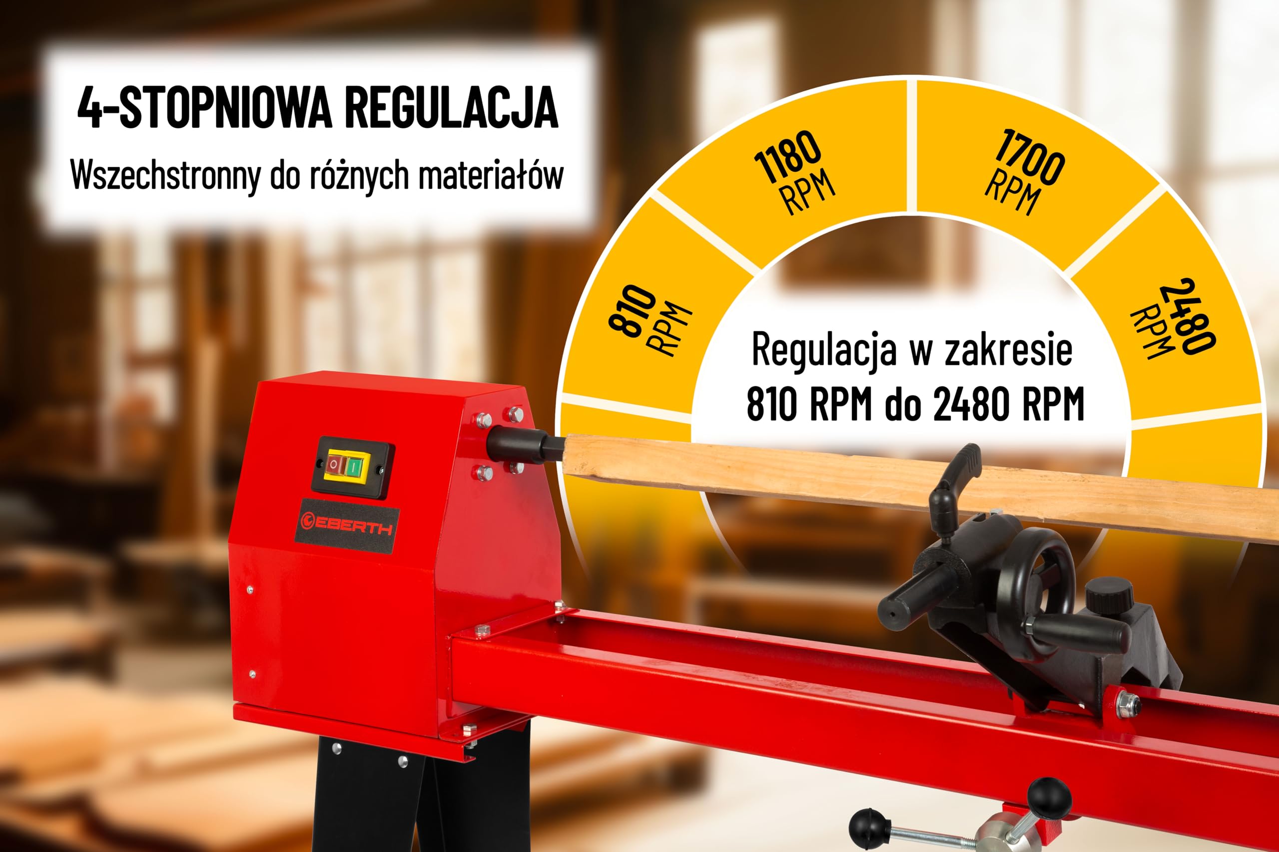 EBERTH Tokarka 550 W do drewna ze stabilną podstawą – rozstaw końcówek 1000 mm, średnica toczenia Ø 350 mm, 4-stopniowy napęd pasowy, stabilna tokarka do drewna