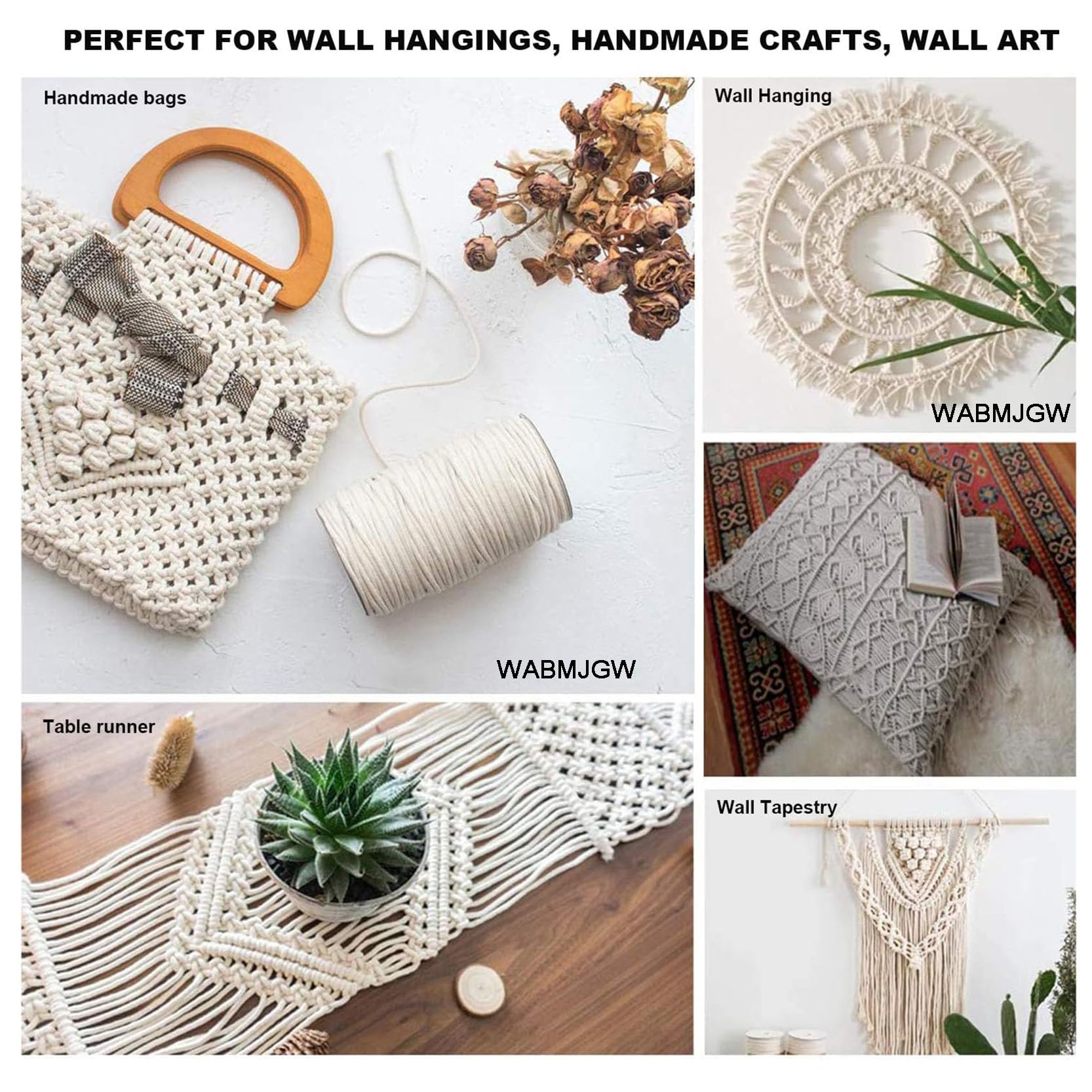 3 Rollen Makramee-Kordel 3 mm/4/5/6 mm x 300 m, natürliches Makramee-Seil, Baumwollschnur, 4 Stränge, gedrehtes, weiches Terrassenseil zum Aufhängen an der Wand, Heimwerken,Beige-5 mm