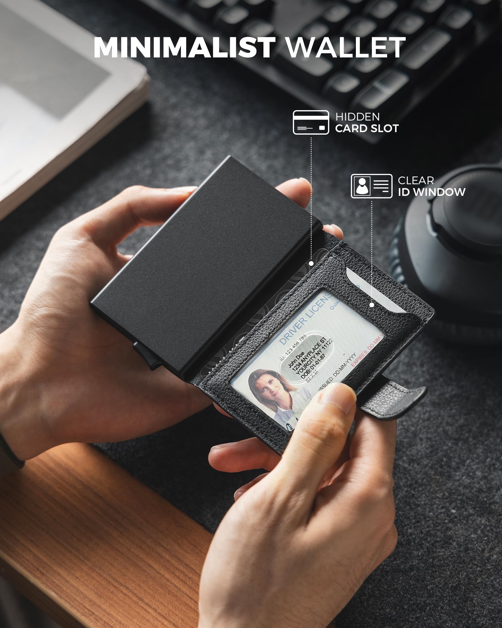 VULKIT Kartenetui Herren & Damen RFID Schutz Kreditkartenetui Metall mit 3 Kreditkarte Fächern und 1 Ausweisfenster Klein Geldbörse Herren Echtes Leder mit Magnetverschluss, Litchi Schwarz