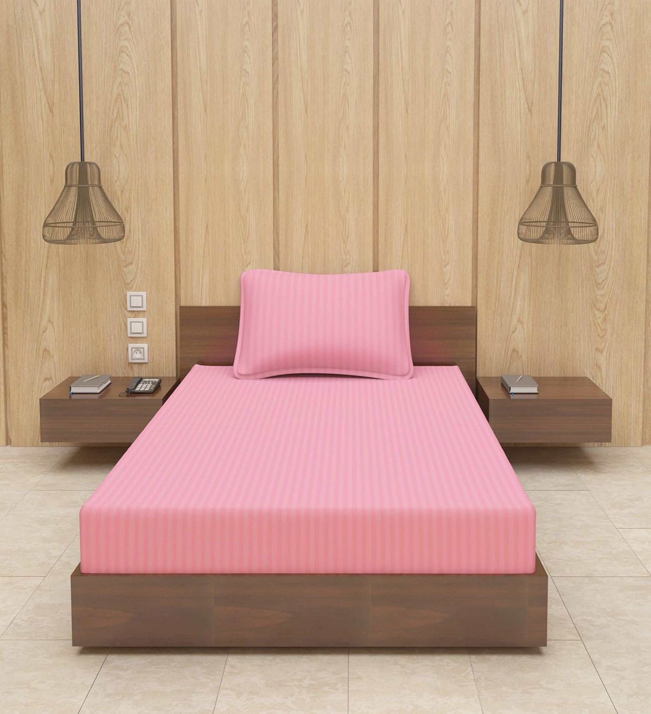 Premium 160 TC Stripe Glace Cotton Single BedSheet with 1 Pillow Cover, Pink