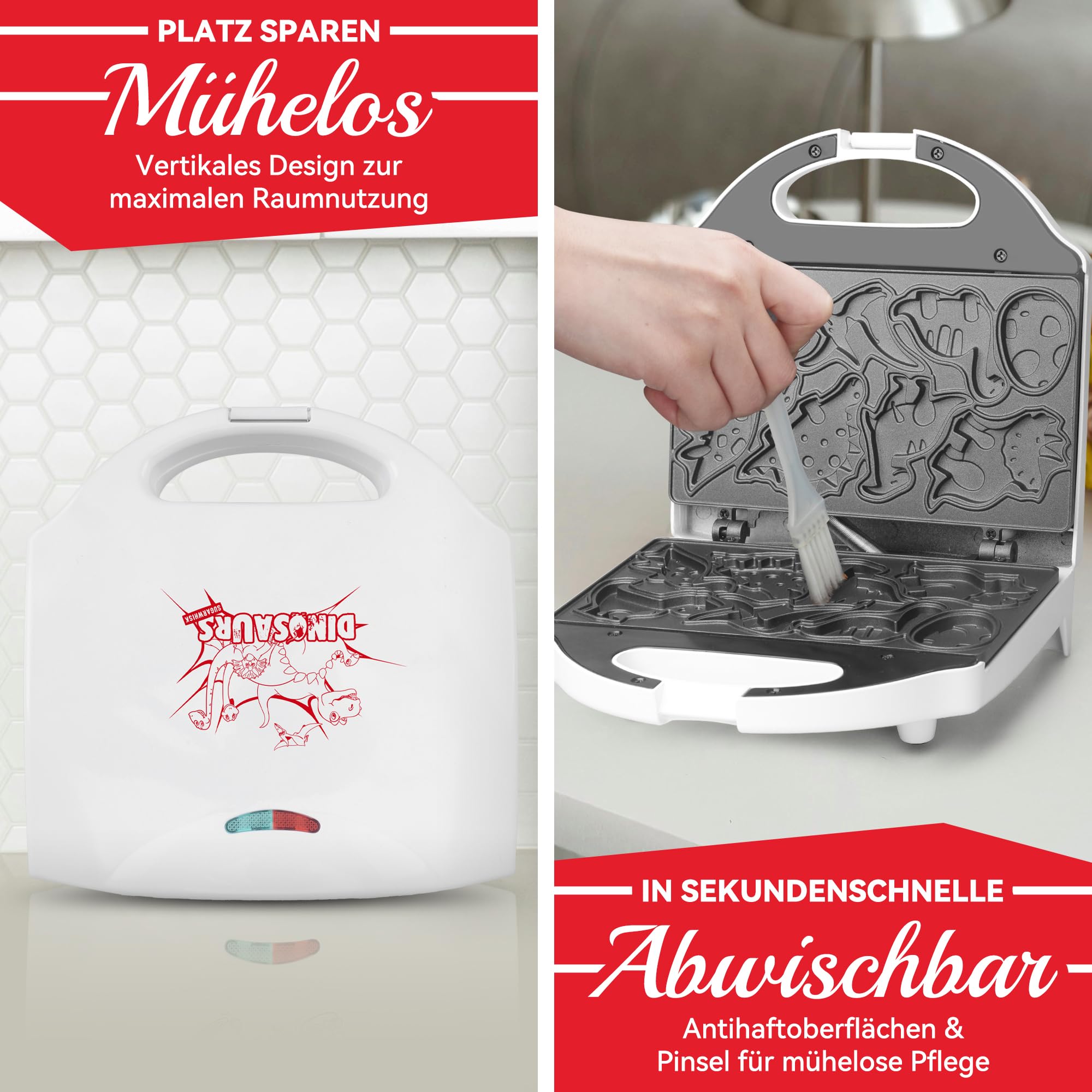 SugarWhisk Mini Waffelbacker Mit Dino-Motiv, Waffeleisen Klein für Kinder, Süß Mini Waffeleisen Kinder, Dino Gerät zum Waffeln Backen, 8 verschiedene Dinosaurier-Motive, Weiß